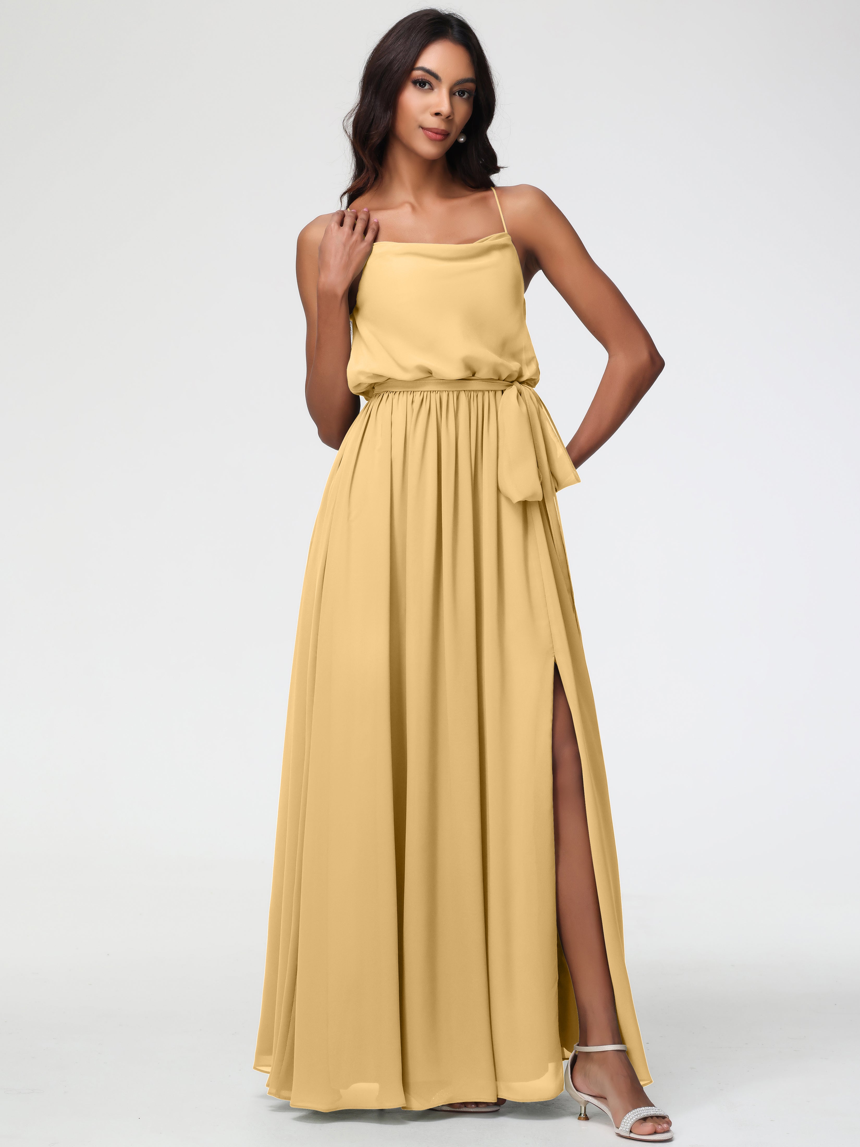 Robe Demoiselle D Honneur Doré Bretelles Spaghetti Col Bénitier Trapèze Mousseline Robe Demoiselle D'Honneur