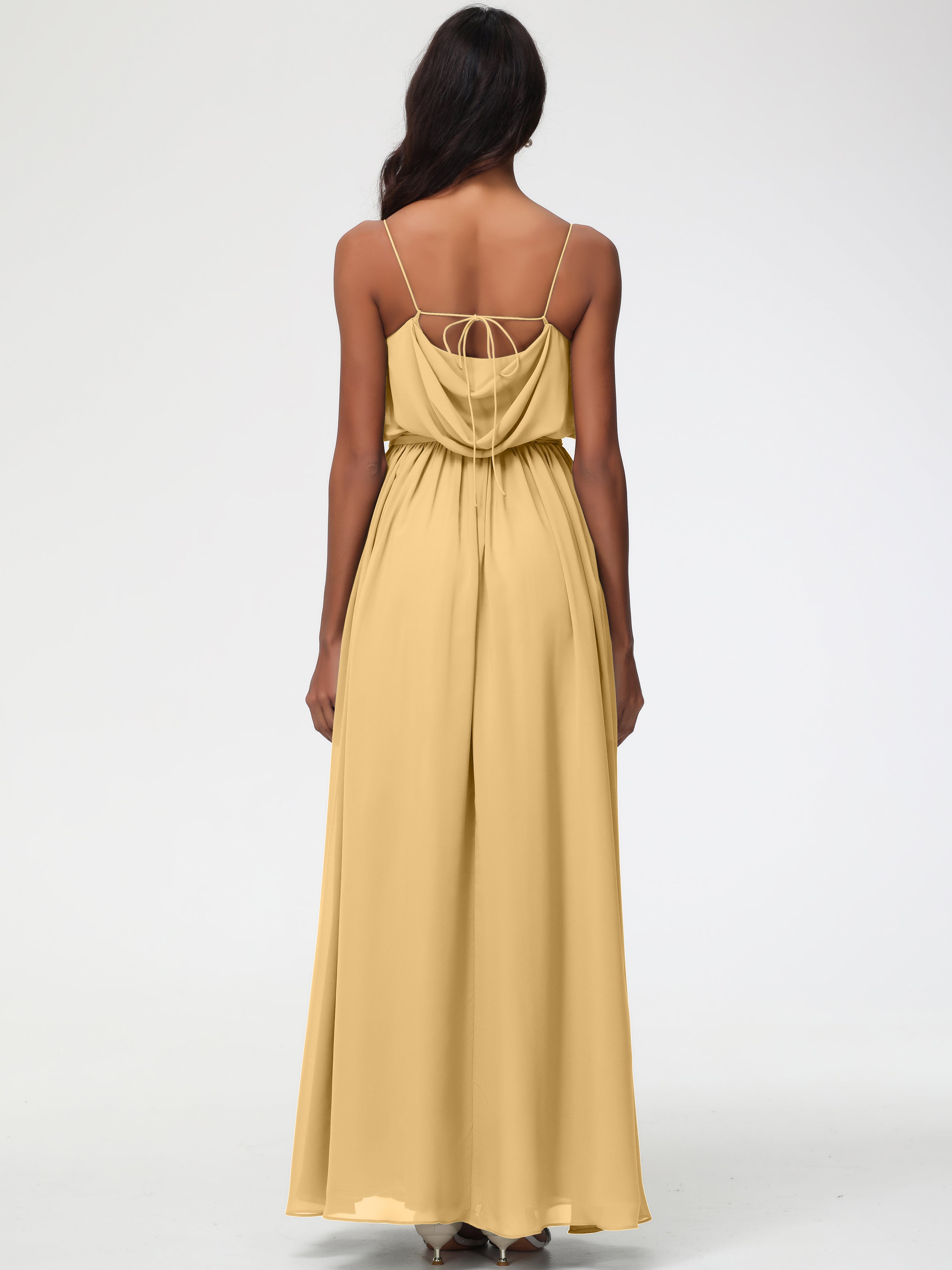 Robe Demoiselle D Honneur Doré Bretelles Spaghetti Col Bénitier Trapèze Mousseline Robe Demoiselle D'Honneur
