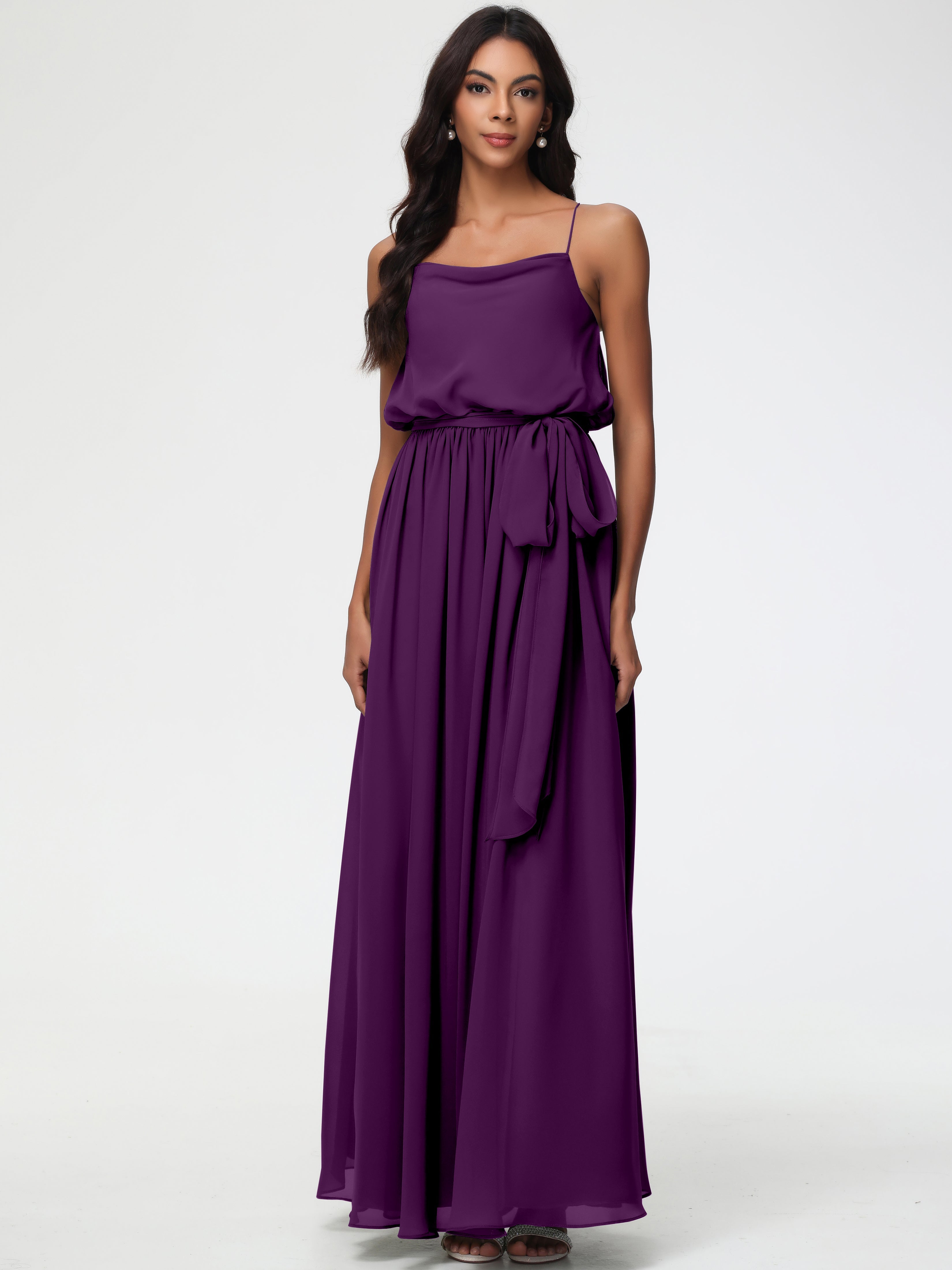 Robes De Demoiselle D'Honneur En Raisin Bretelles Spaghetti Col Bénitier Trapèze Mousseline Robe Demoiselle D'Honneur