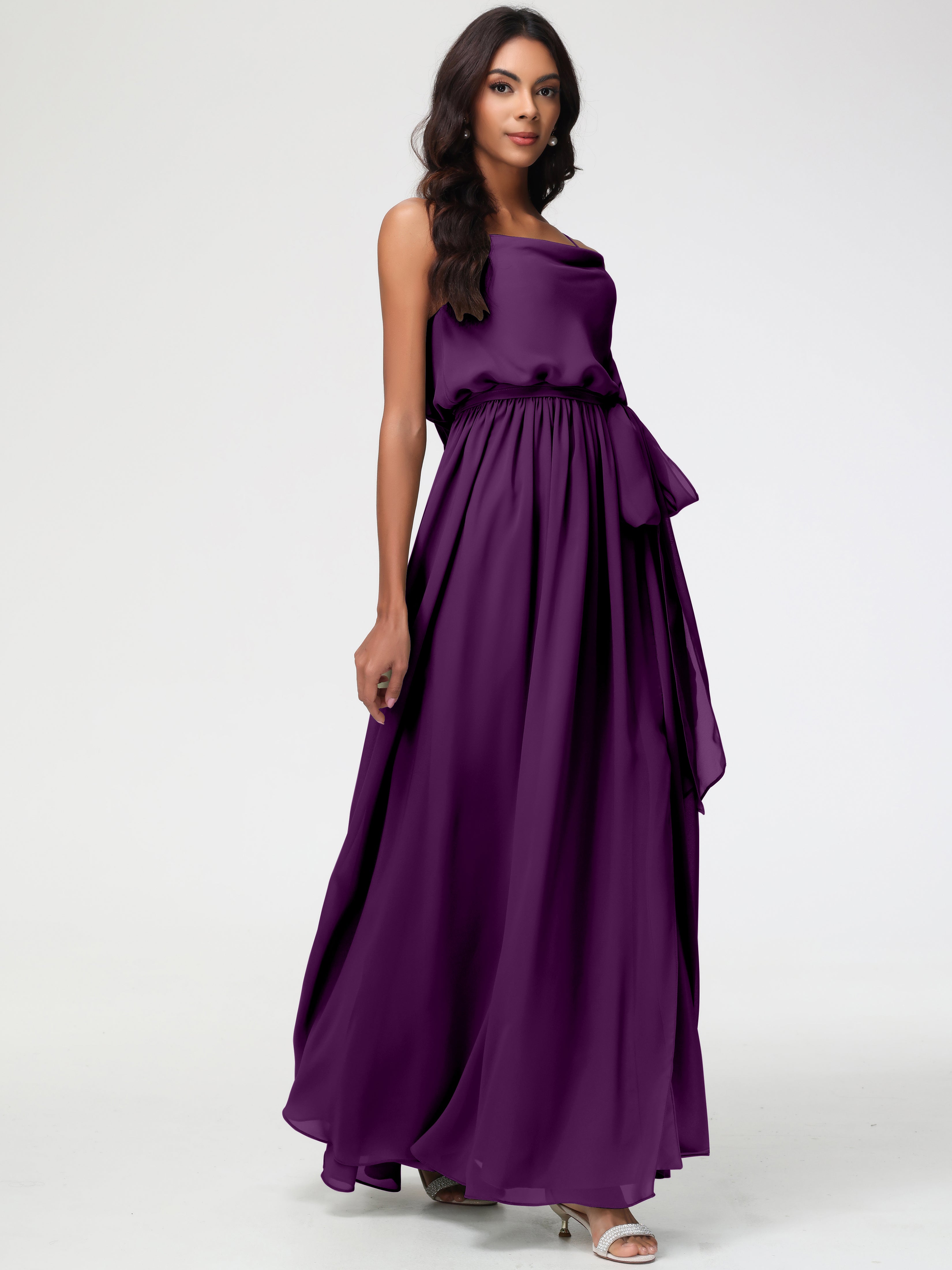 Robes De Demoiselle D'Honneur En Raisin Bretelles Spaghetti Col Bénitier Trapèze Mousseline Robe Demoiselle D'Honneur