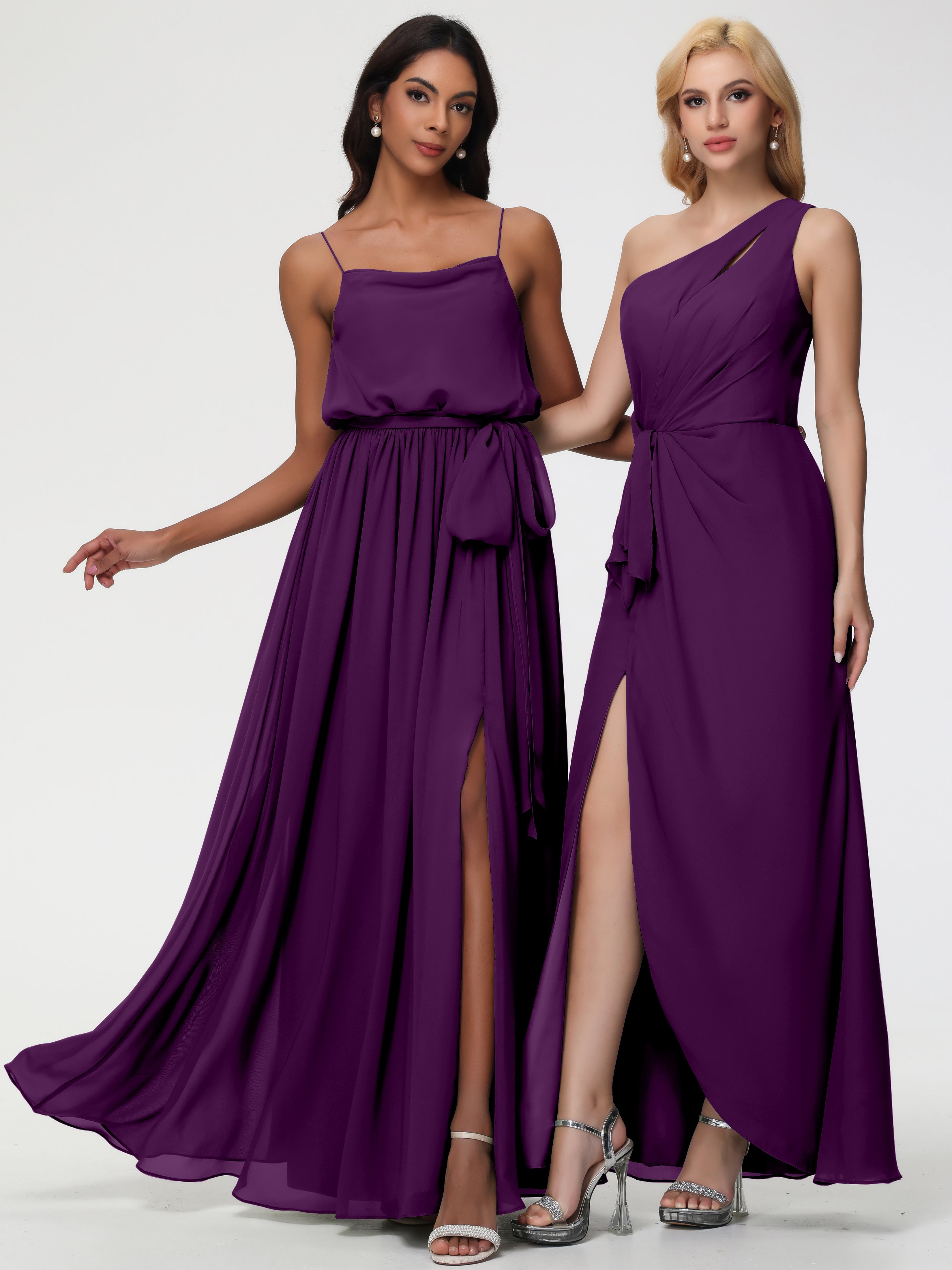 Robes De Demoiselle D'Honneur En Raisin Bretelles Spaghetti Col Bénitier Trapèze Mousseline Robe Demoiselle D'Honneur