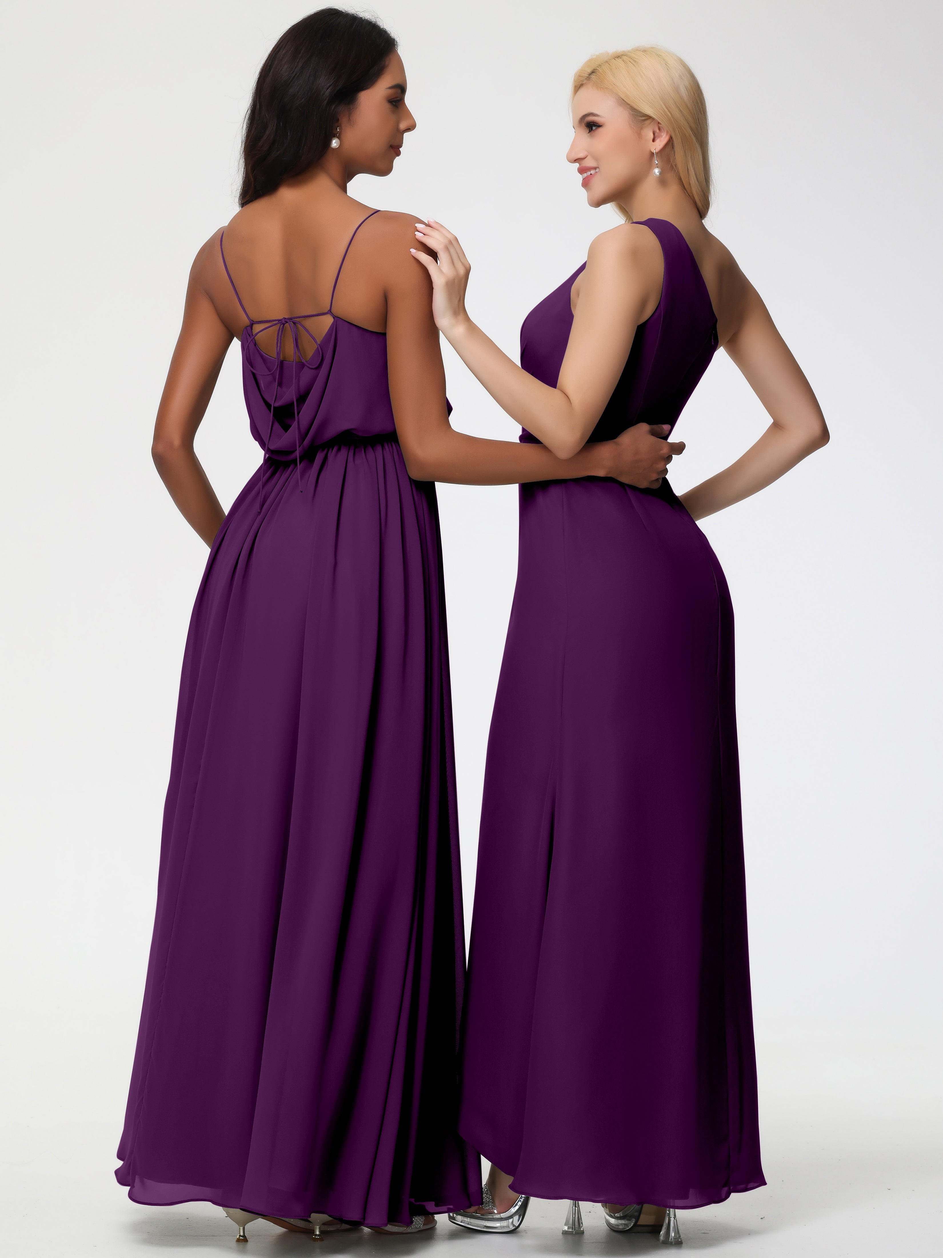 Robes De Demoiselle D'Honneur En Raisin Bretelles Spaghetti Col Bénitier Trapèze Mousseline Robe Demoiselle D'Honneur