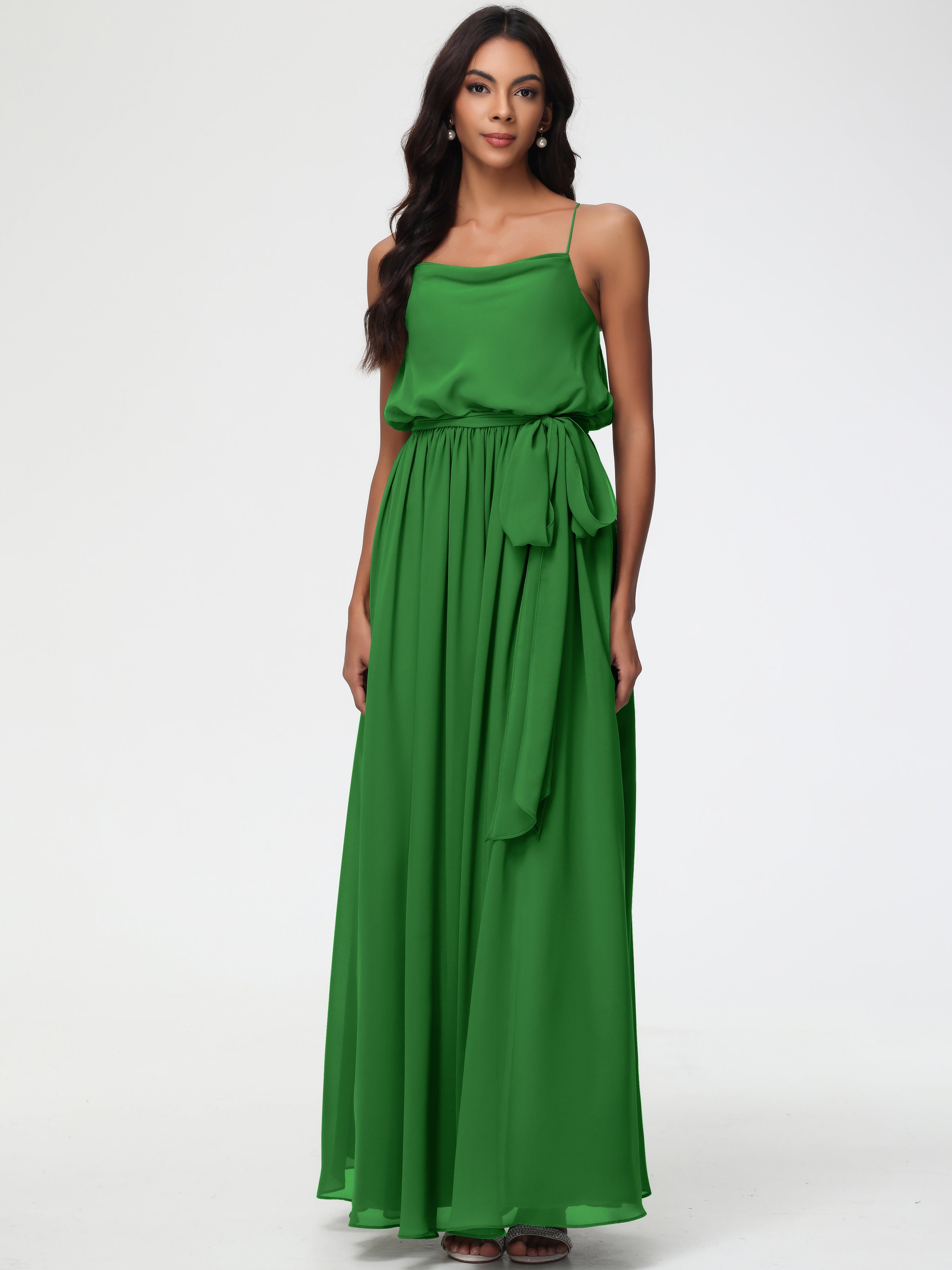 Robe Demoiselle D Honneur Verte Bretelles Spaghetti Col Bénitier Trapèze Mousseline Robe Demoiselle D'Honneur