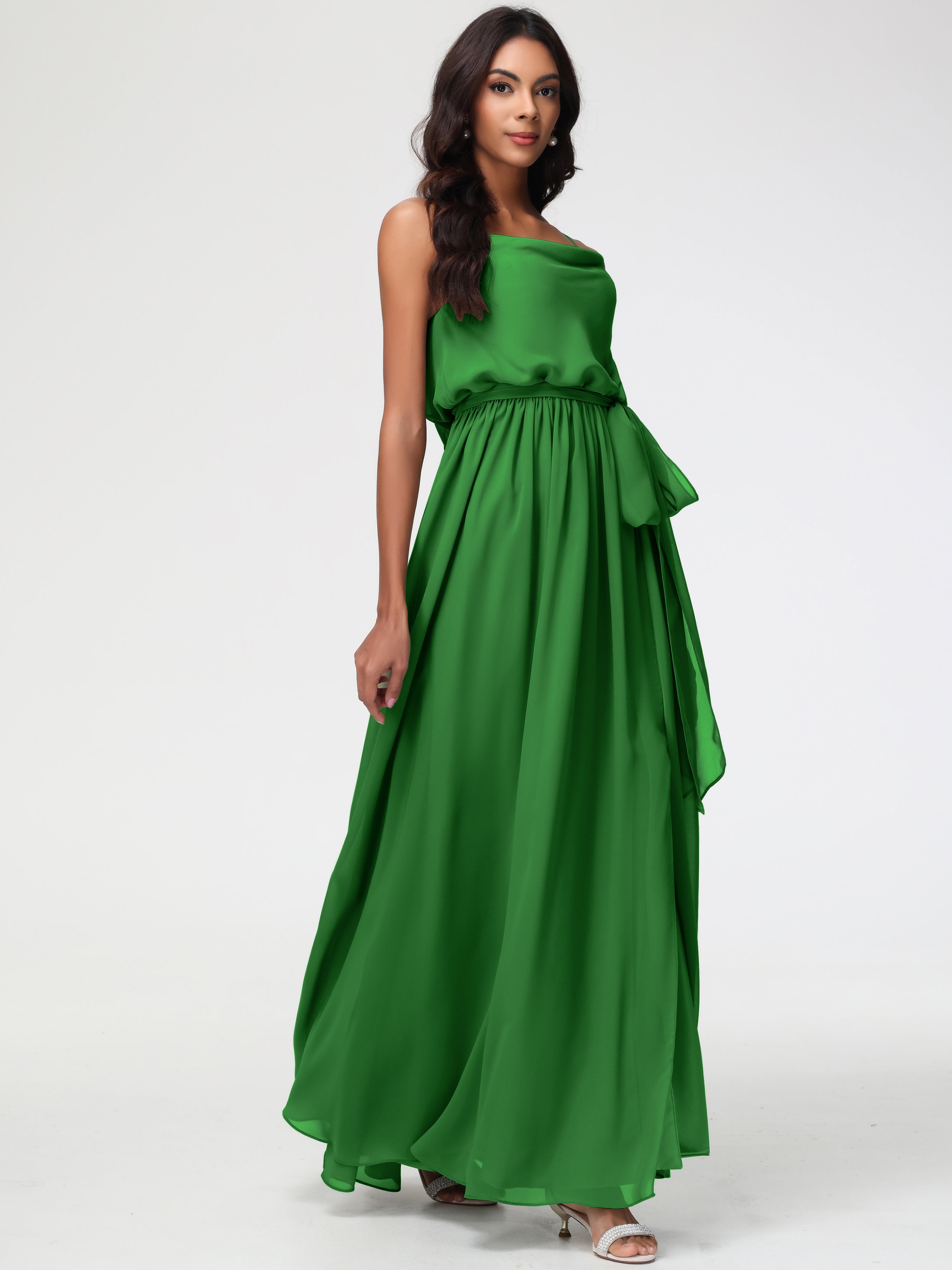Robe Demoiselle D Honneur Verte Bretelles Spaghetti Col Bénitier Trapèze Mousseline Robe Demoiselle D'Honneur