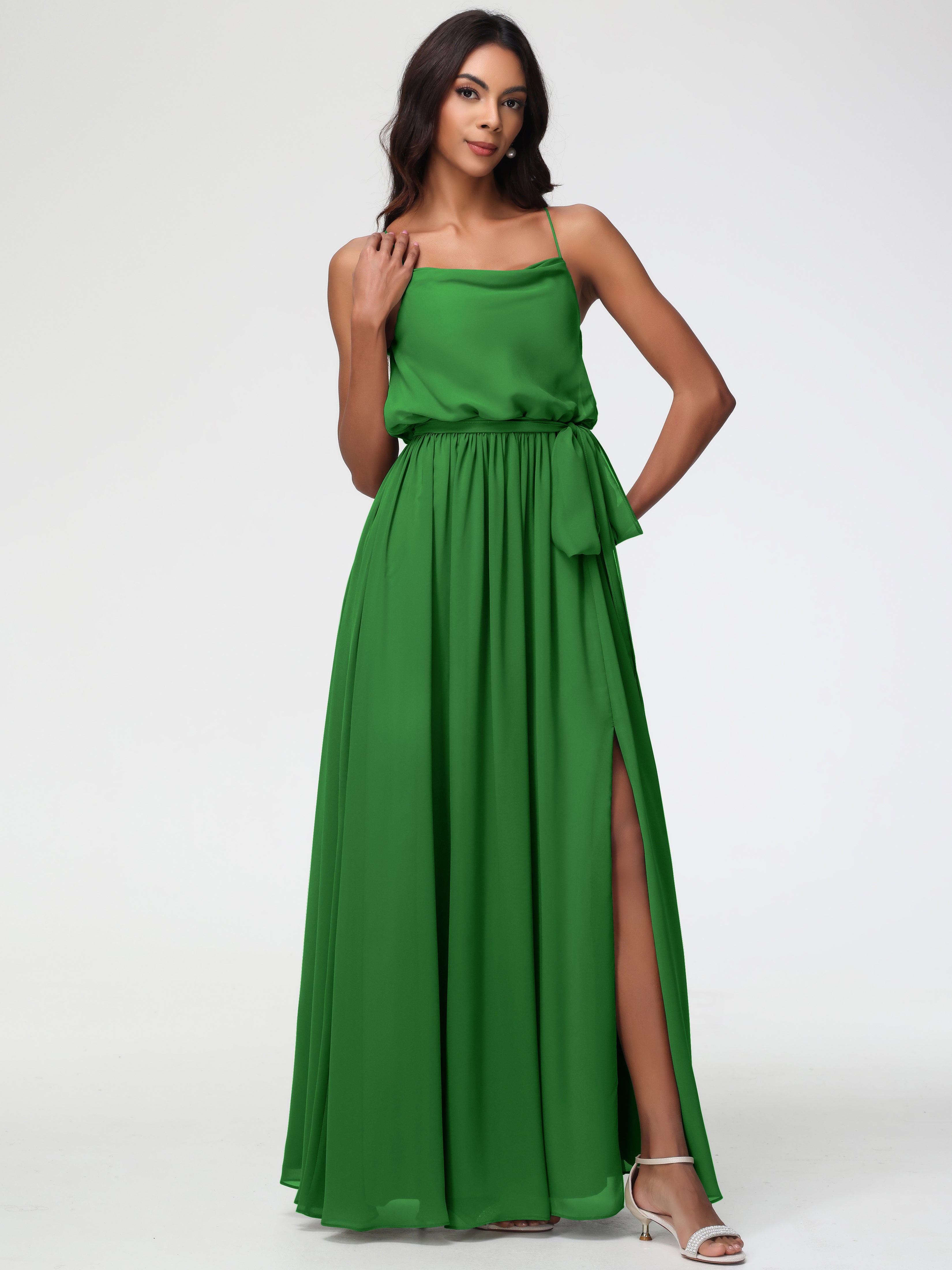 Robe Demoiselle D Honneur Verte Bretelles Spaghetti Col Bénitier Trapèze Mousseline Robe Demoiselle D'Honneur