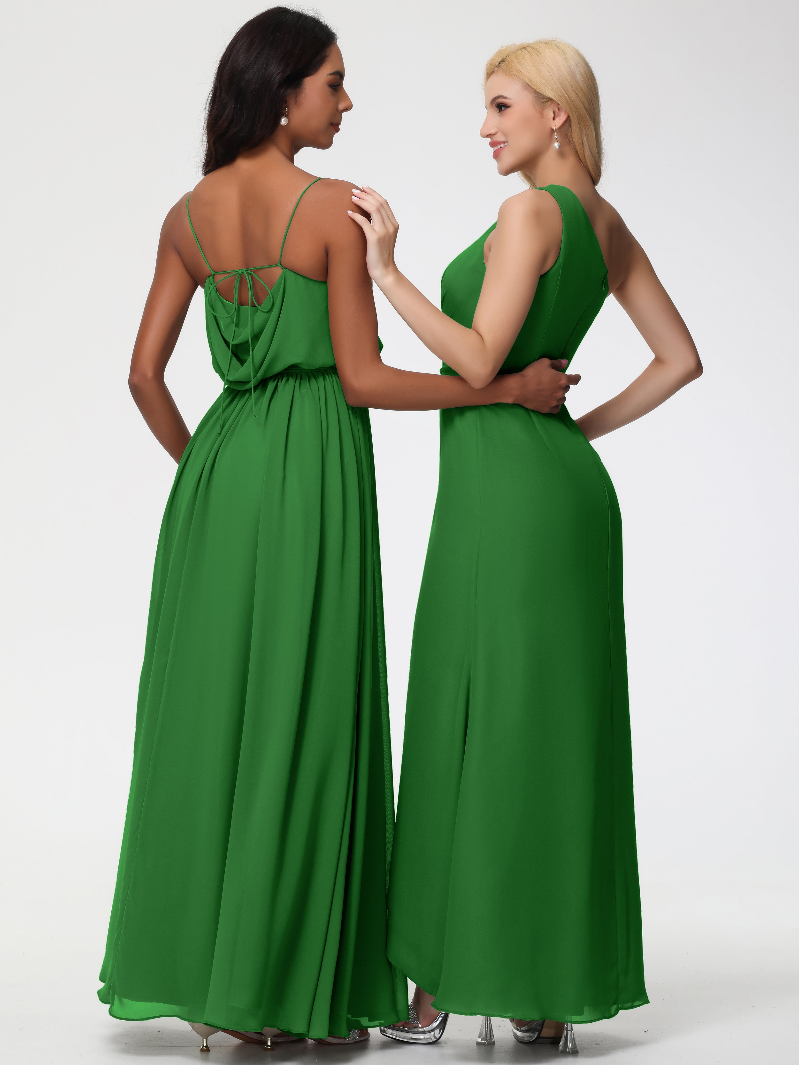 Robe Demoiselle D Honneur Verte Bretelles Spaghetti Col Bénitier Trapèze Mousseline Robe Demoiselle D'Honneur
