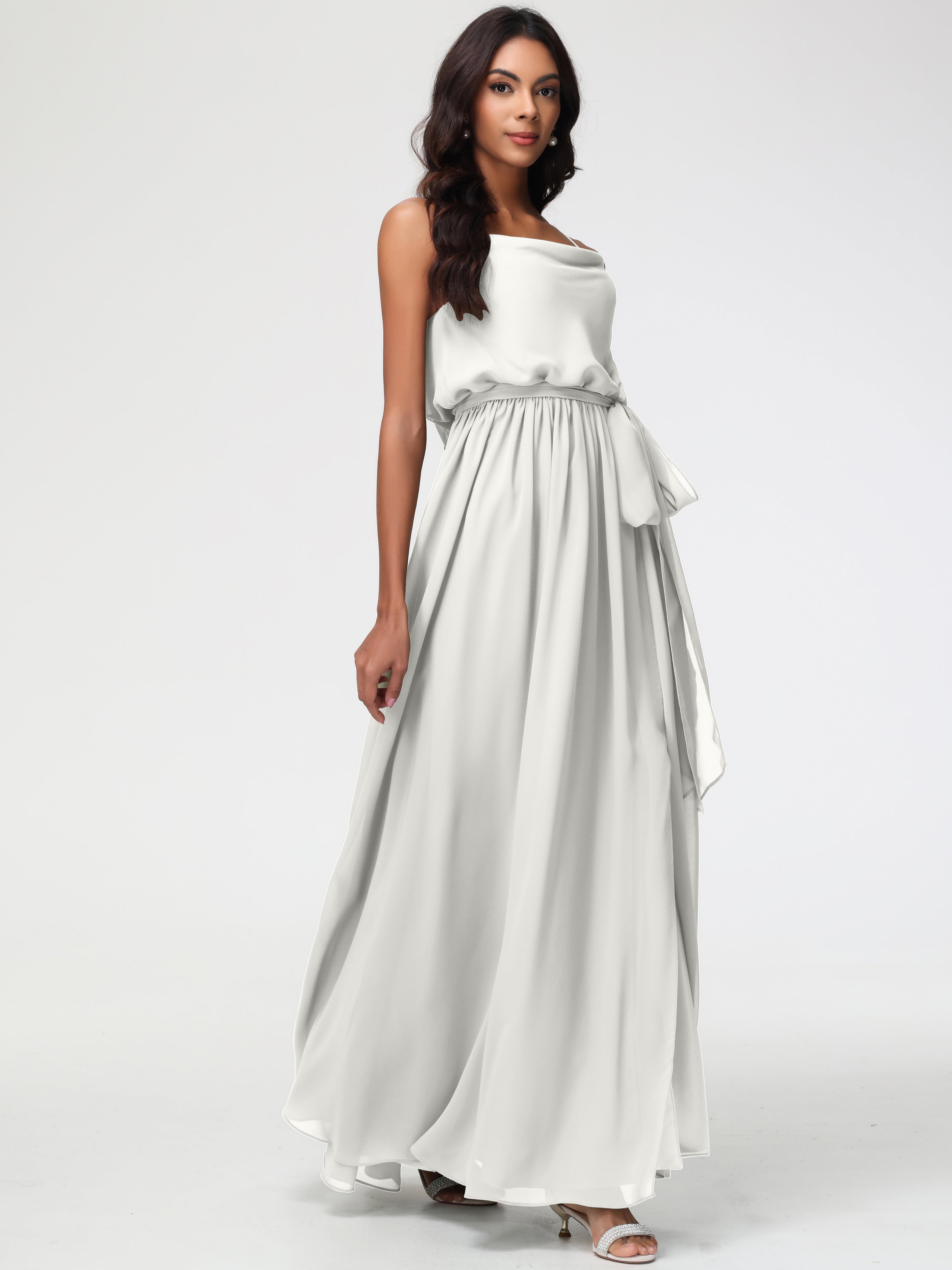 Robe Ivoire Demoiselle D Honneur Bretelles Spaghetti Col Bénitier Trapèze Mousseline Robe Demoiselle D'Honneur