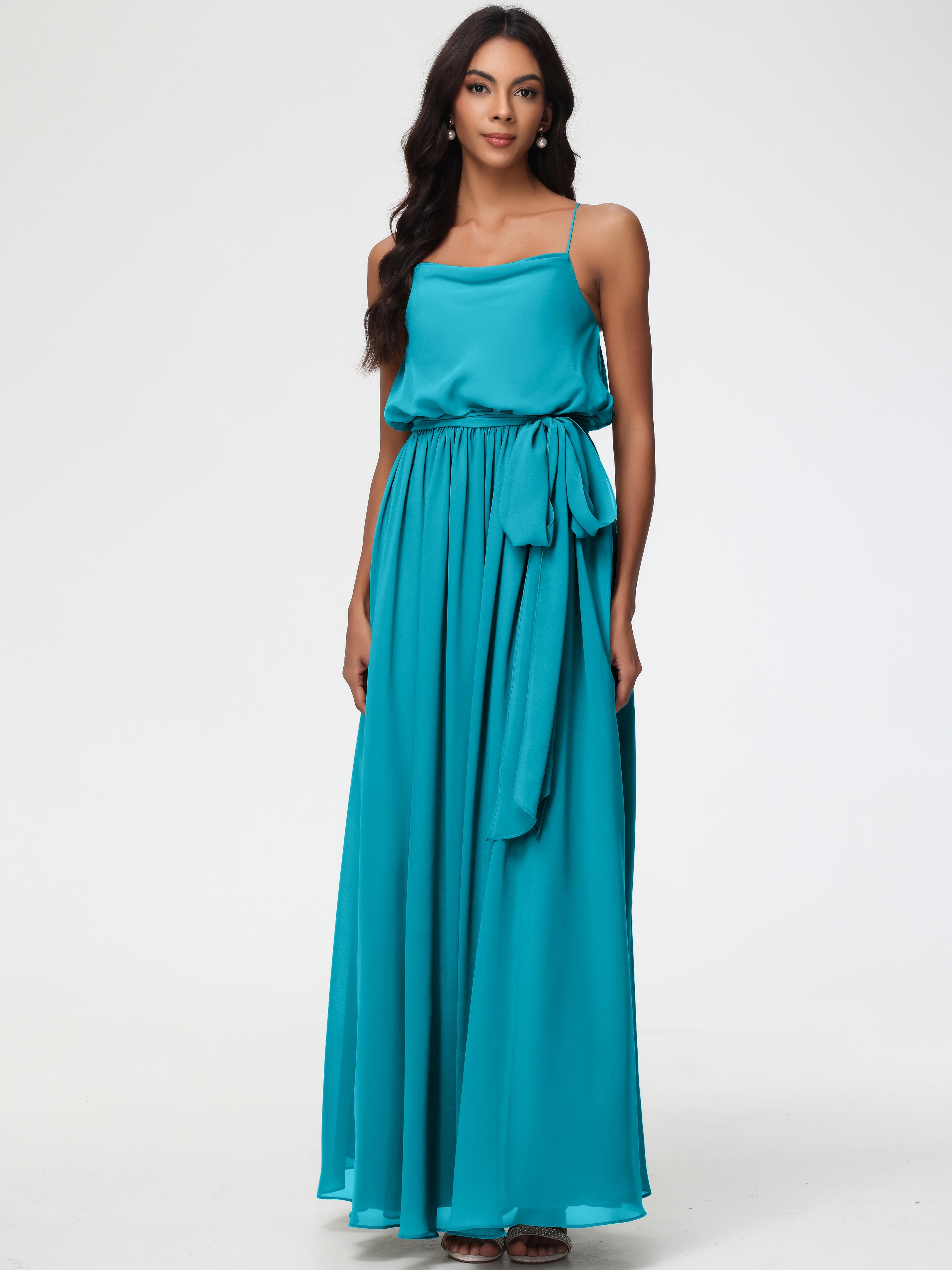 Robes De Demoiselle D'Honneur Vert Jade Bretelles Spaghetti Col Bénitier Trapèze Mousseline Robe Demoiselle D'Honneur