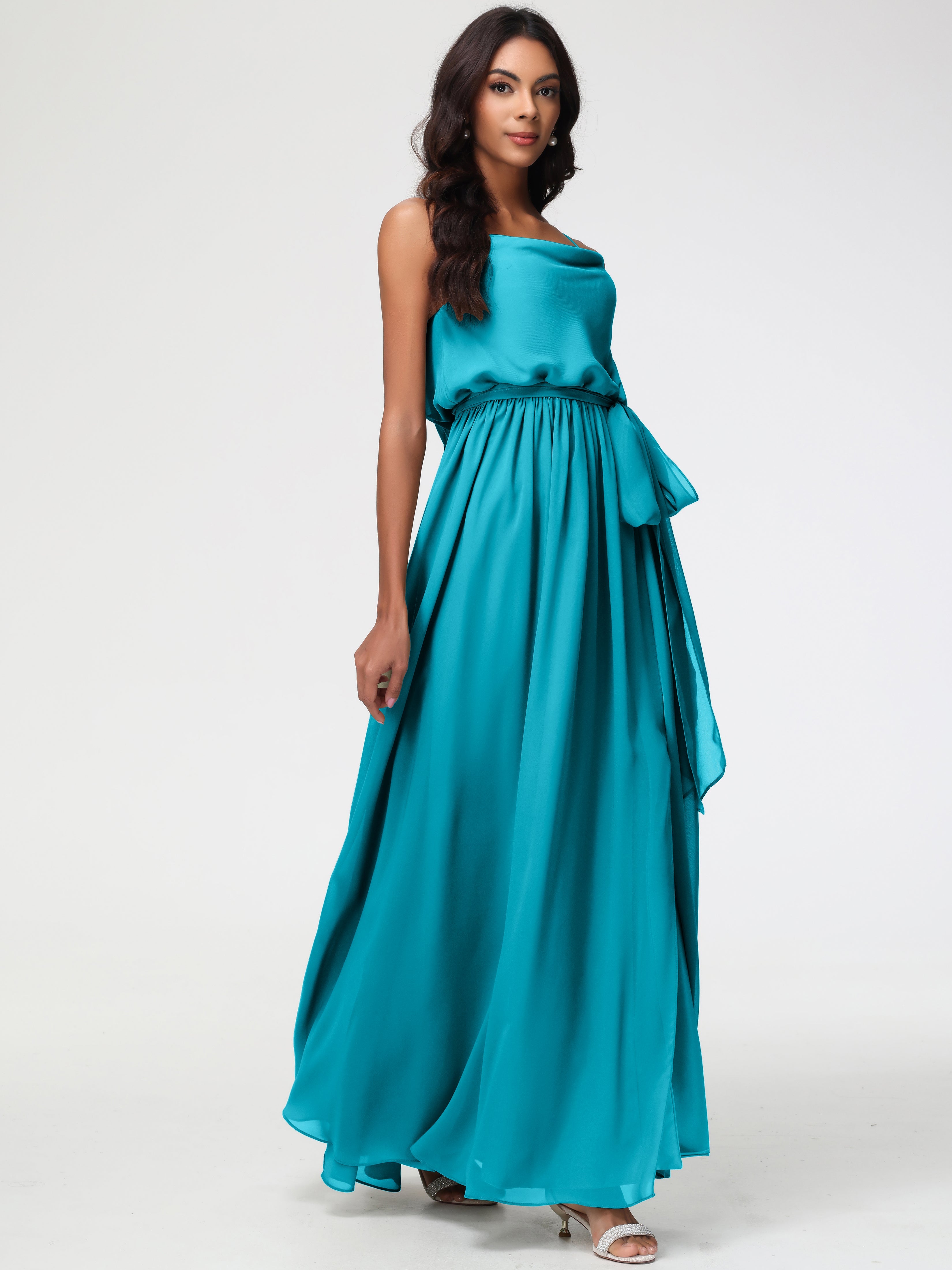 Robes De Demoiselle D'Honneur Vert Jade Bretelles Spaghetti Col Bénitier Trapèze Mousseline Robe Demoiselle D'Honneur