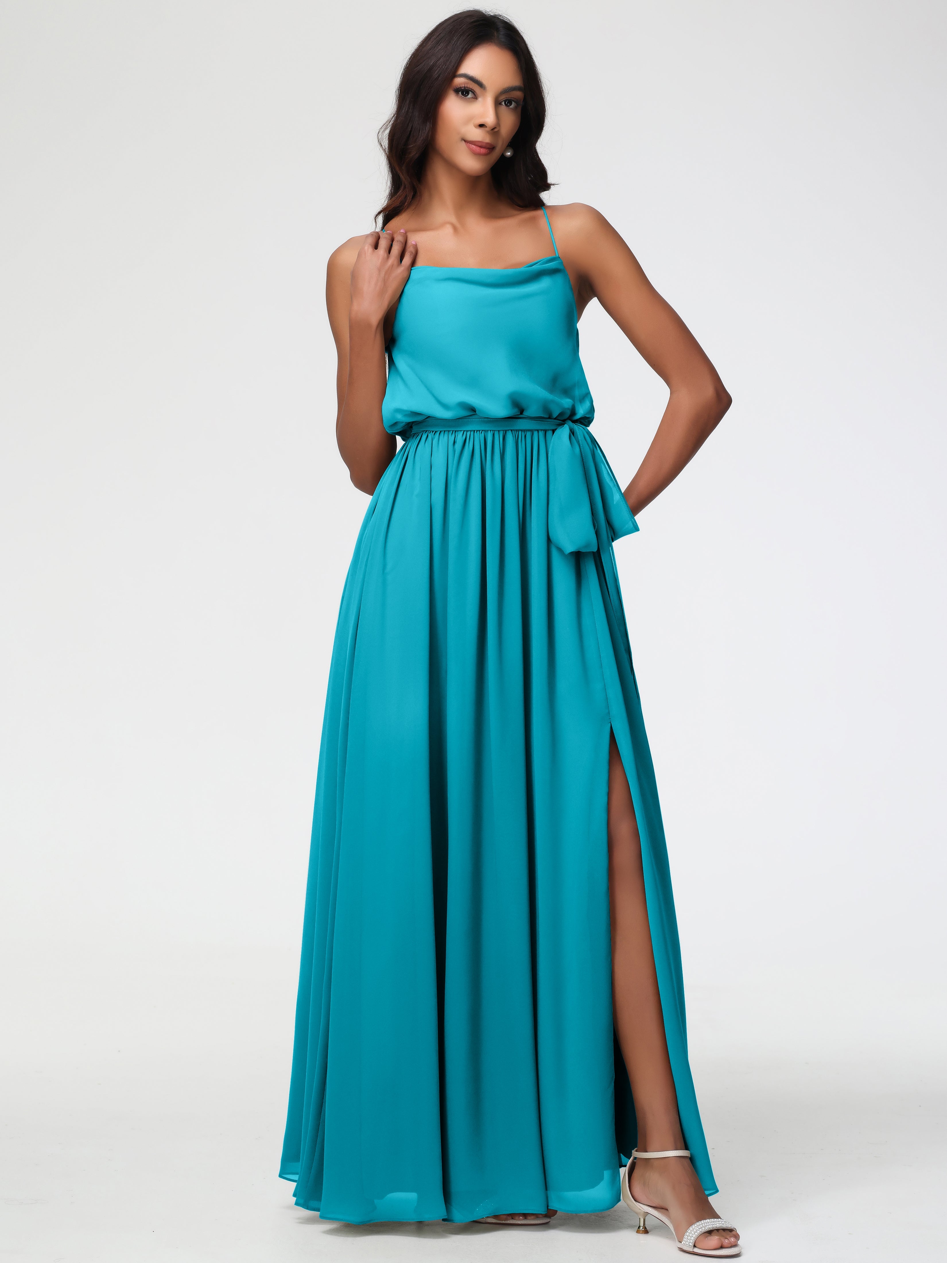 Robes De Demoiselle D'Honneur Vert Jade Bretelles Spaghetti Col Bénitier Trapèze Mousseline Robe Demoiselle D'Honneur