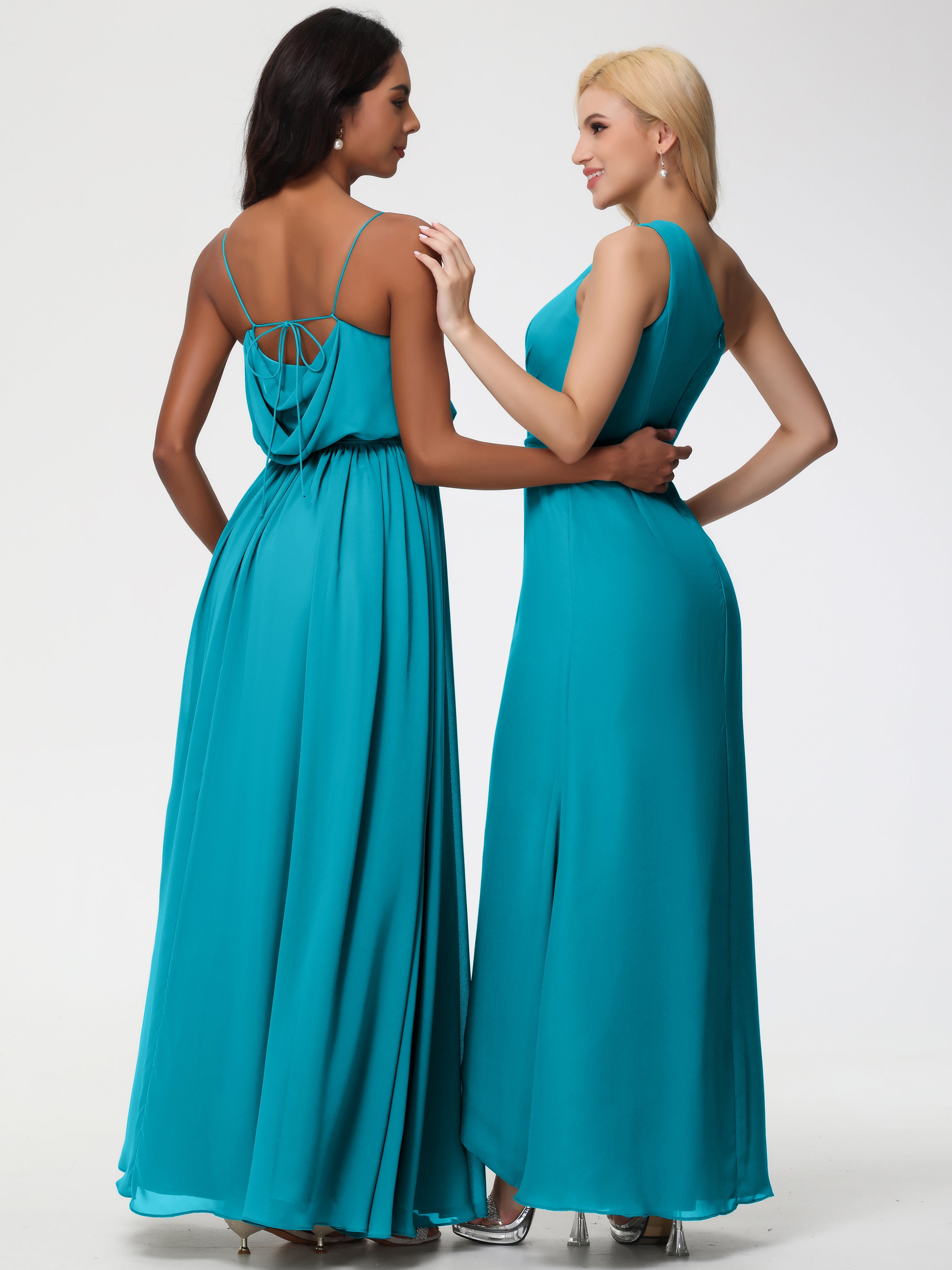 Robes De Demoiselle D'Honneur Vert Jade Bretelles Spaghetti Col Bénitier Trapèze Mousseline Robe Demoiselle D'Honneur