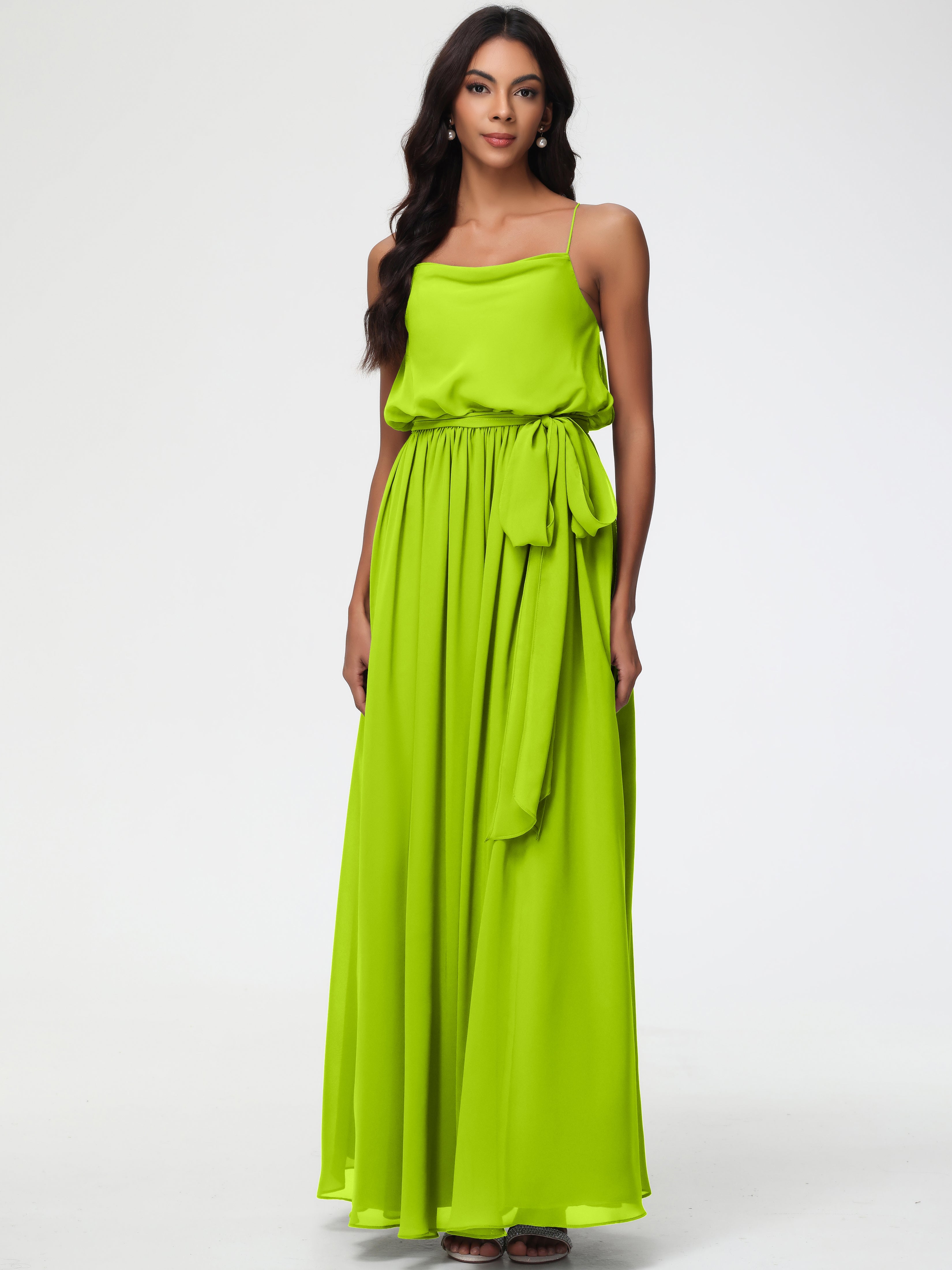 Robes De Demoiselle D'Honneur Vert Citron Bretelles Spaghetti Col Bénitier Trapèze Mousseline Robe Demoiselle D'Honneur