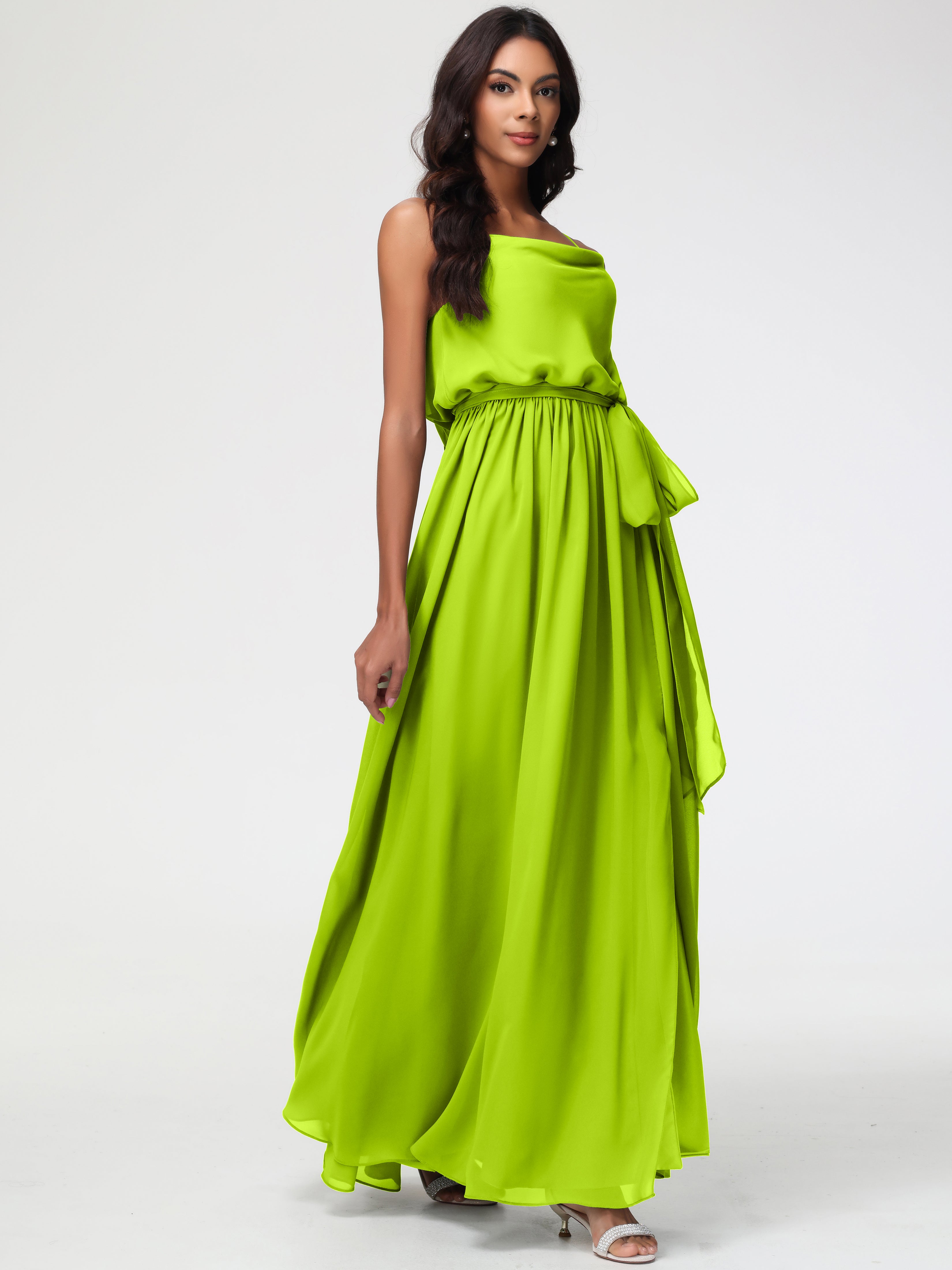 Robes De Demoiselle D'Honneur Vert Citron Bretelles Spaghetti Col Bénitier Trapèze Mousseline Robe Demoiselle D'Honneur