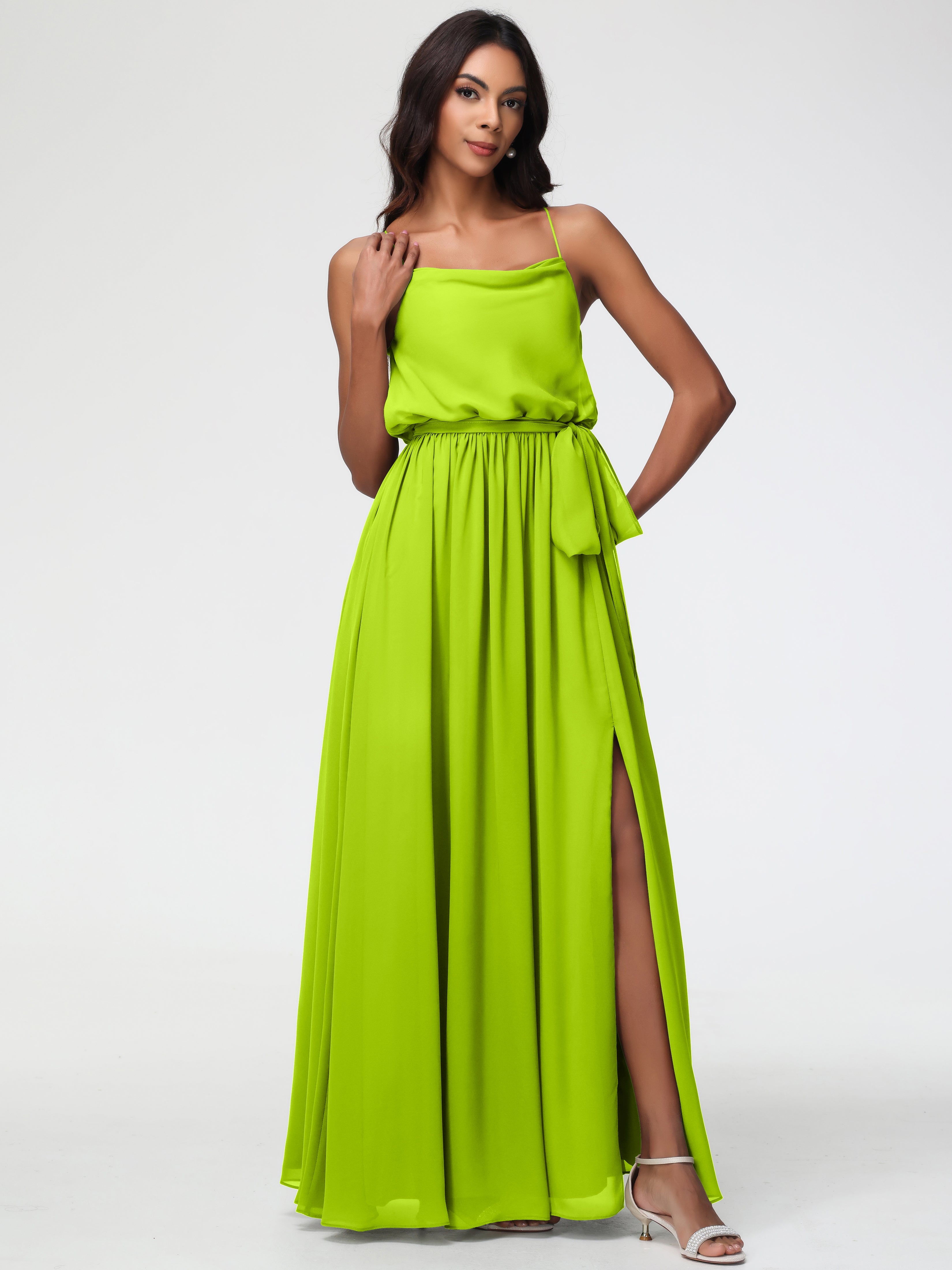 Robes De Demoiselle D'Honneur Vert Citron Bretelles Spaghetti Col Bénitier Trapèze Mousseline Robe Demoiselle D'Honneur