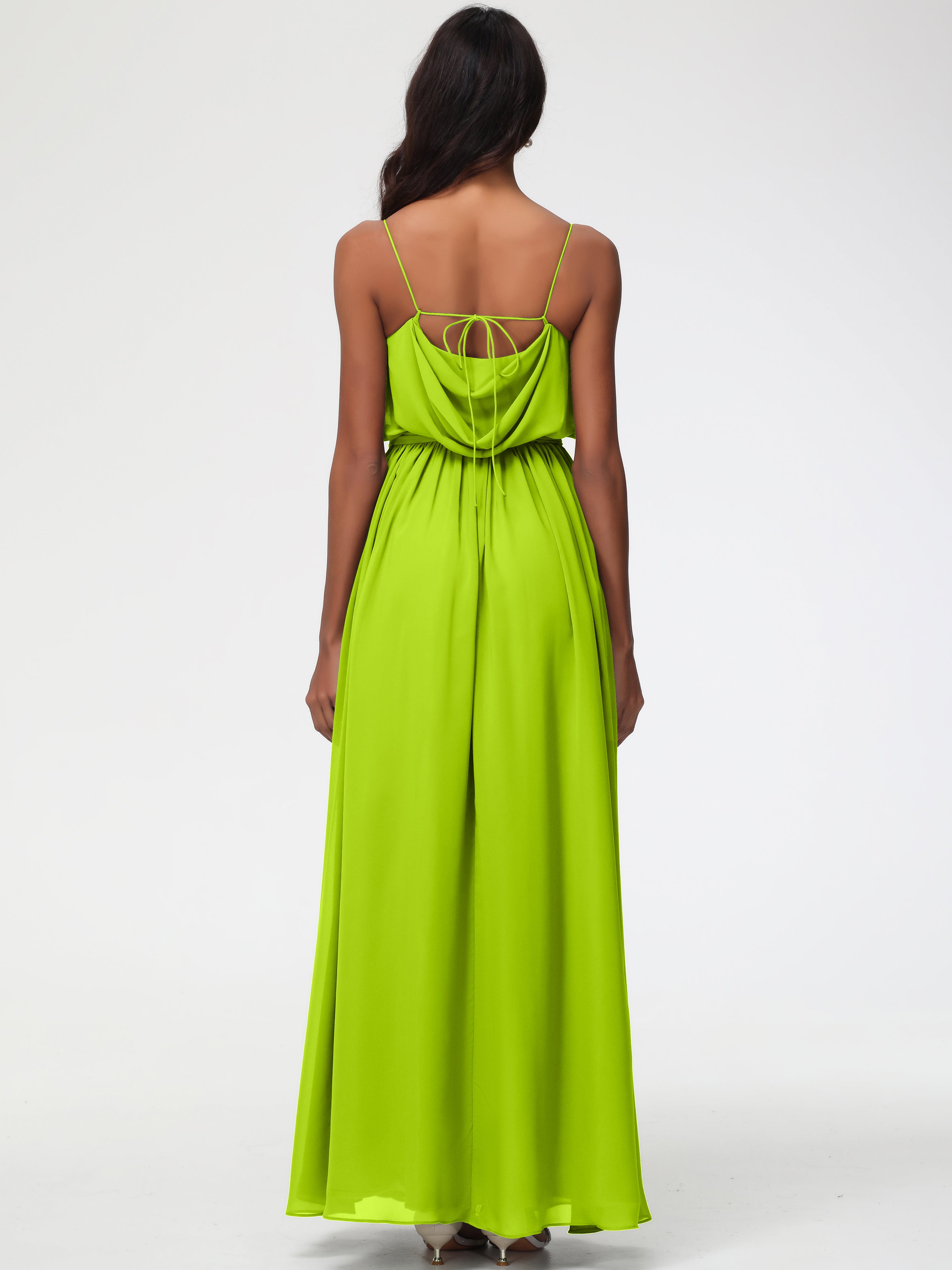 Robes De Demoiselle D'Honneur Vert Citron Bretelles Spaghetti Col Bénitier Trapèze Mousseline Robe Demoiselle D'Honneur