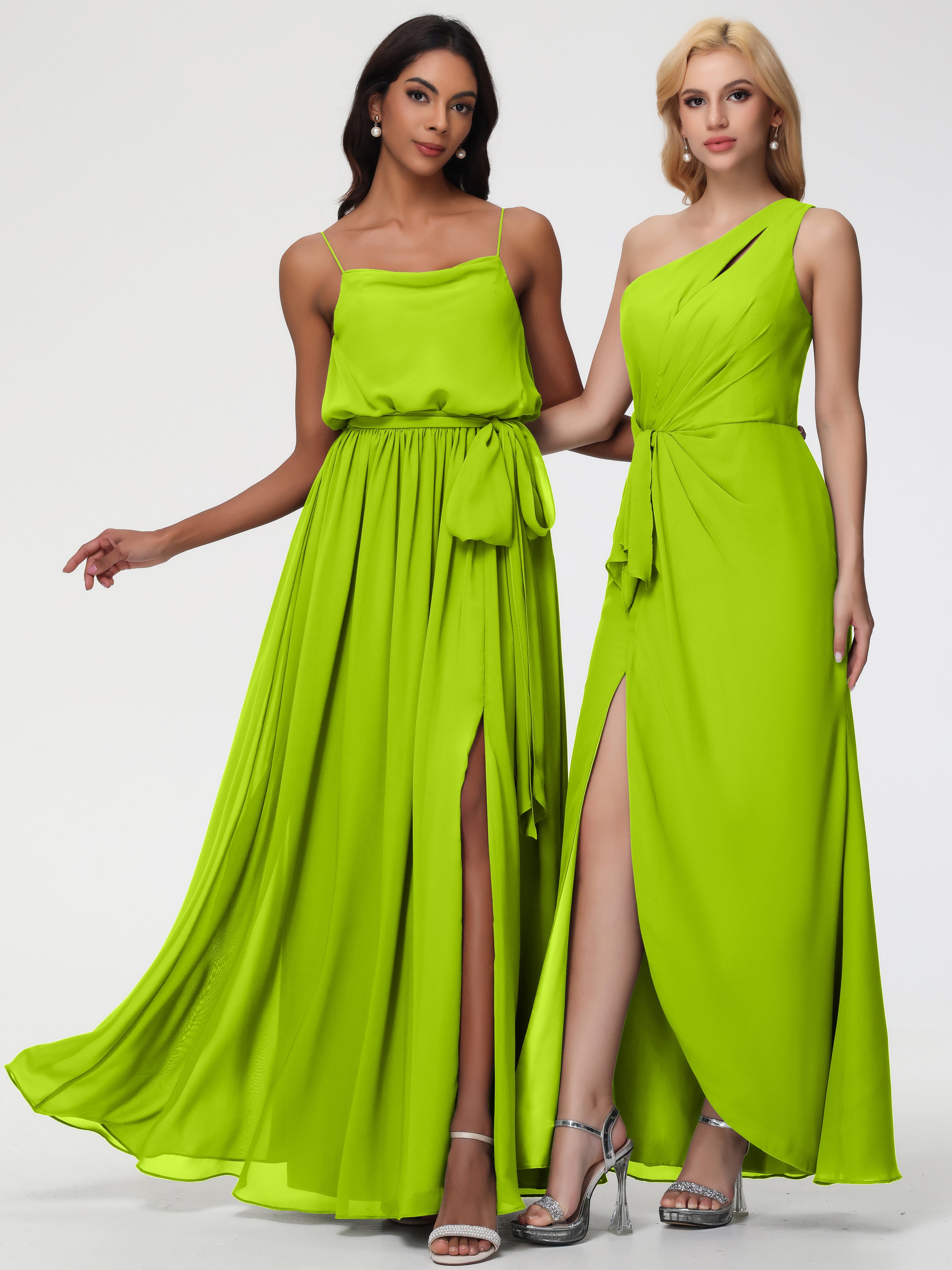 Robes De Demoiselle D'Honneur Vert Citron Bretelles Spaghetti Col Bénitier Trapèze Mousseline Robe Demoiselle D'Honneur