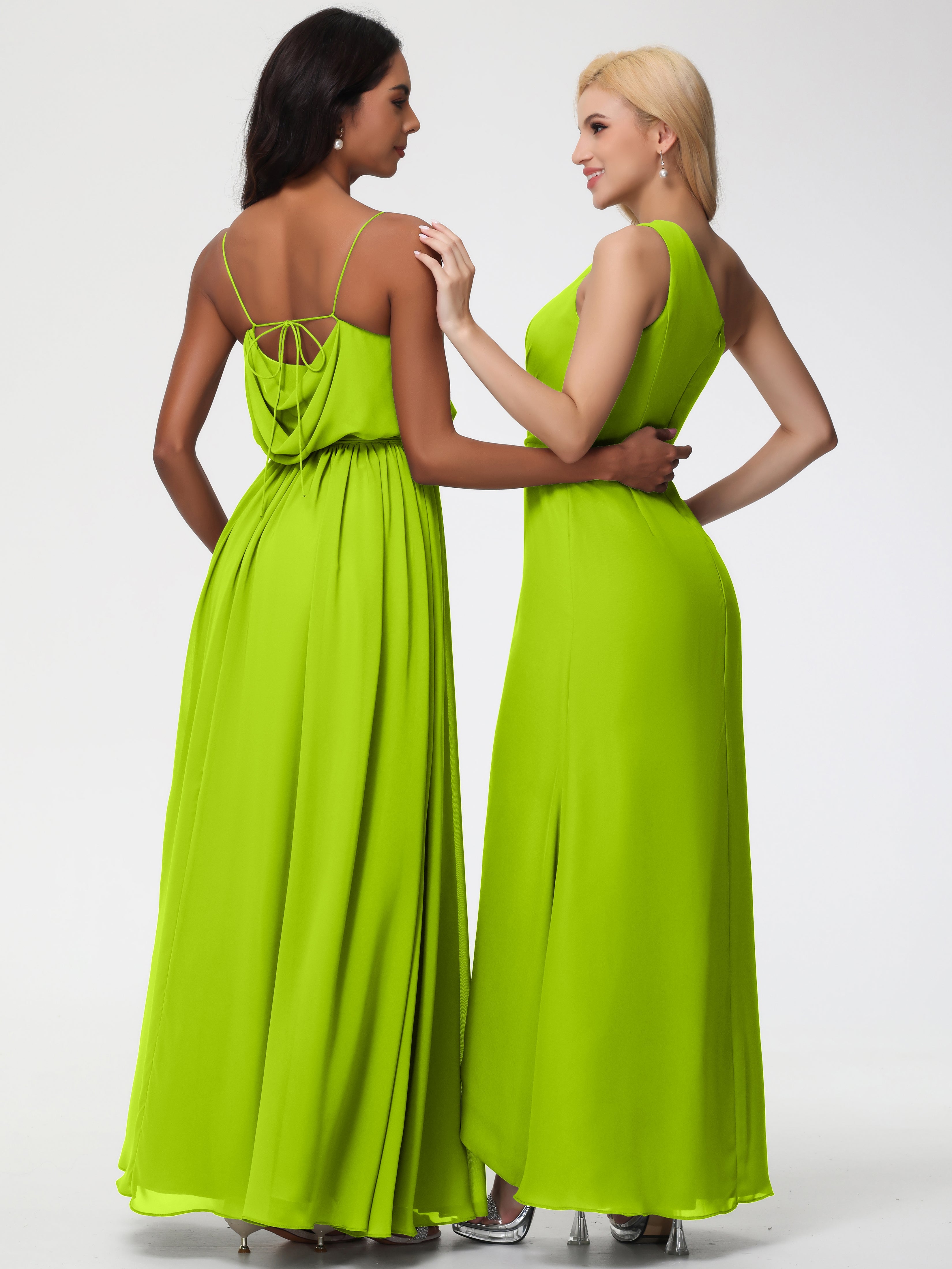 Robes De Demoiselle D'Honneur Vert Citron Bretelles Spaghetti Col Bénitier Trapèze Mousseline Robe Demoiselle D'Honneur