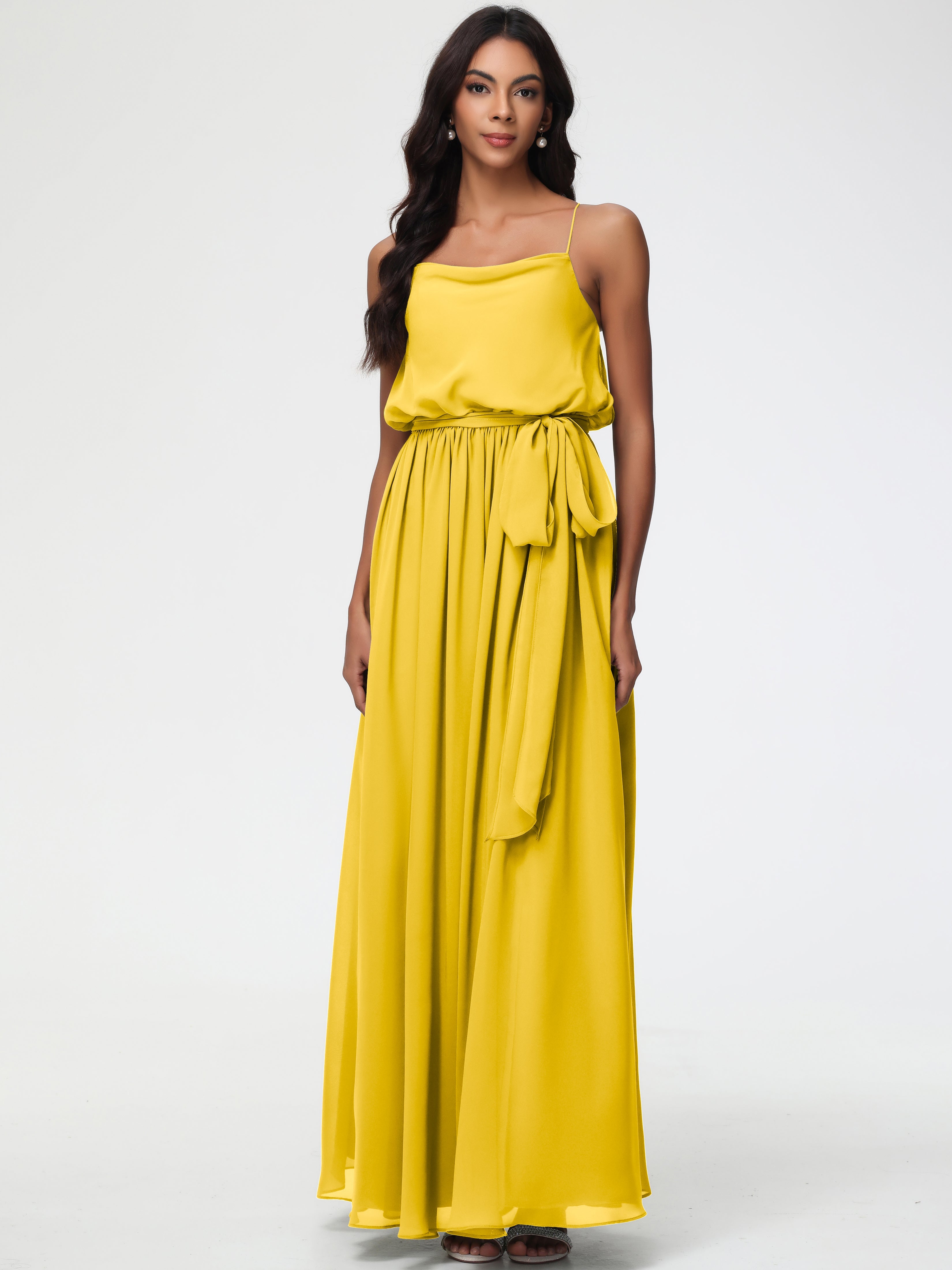 Robe De Demoiselle D'Honneur Souci Bretelles Spaghetti Col Bénitier Trapèze Mousseline Robe Demoiselle D'Honneur