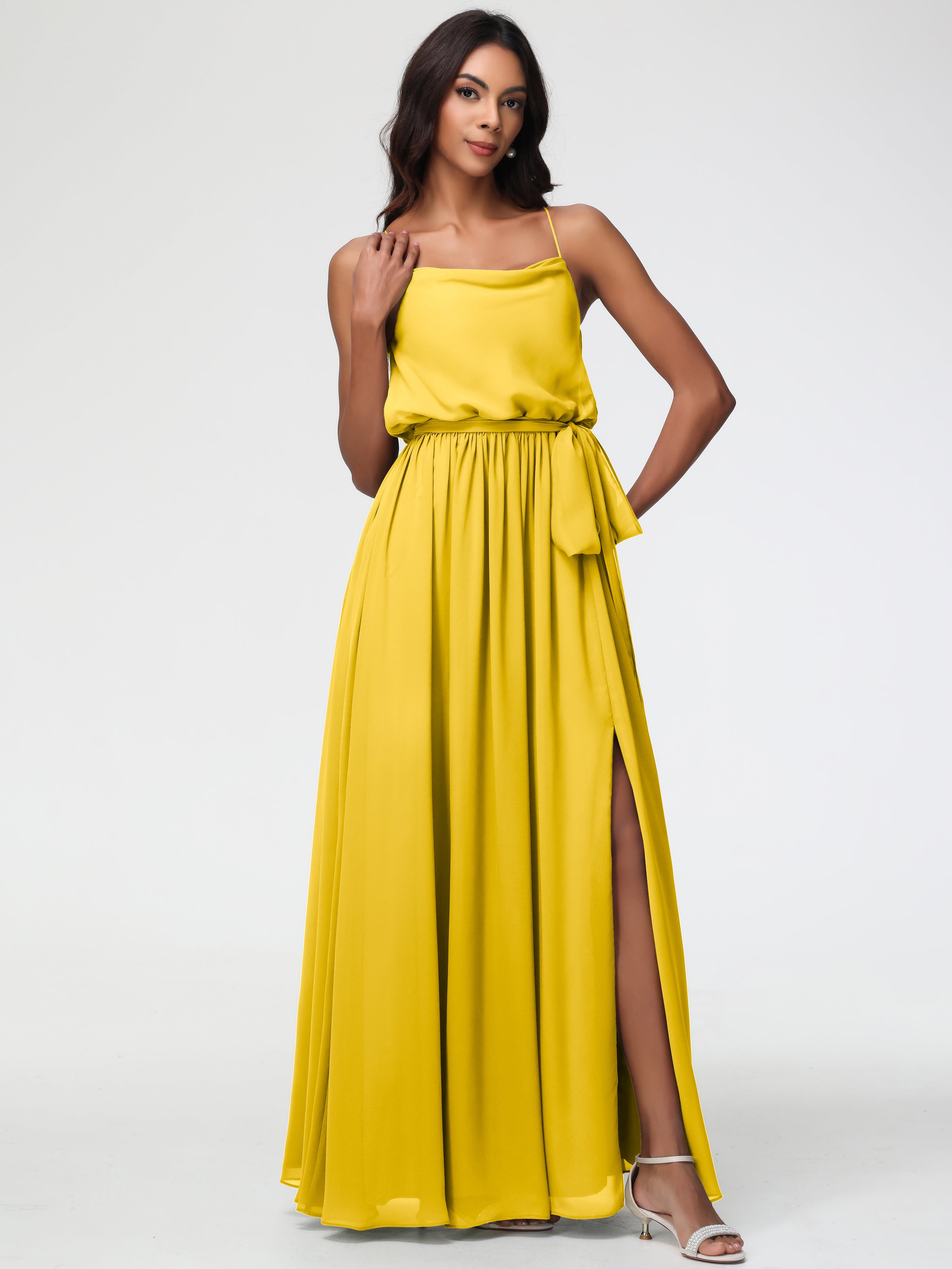 Robe De Demoiselle D'Honneur Souci Bretelles Spaghetti Col Bénitier Trapèze Mousseline Robe Demoiselle D'Honneur
