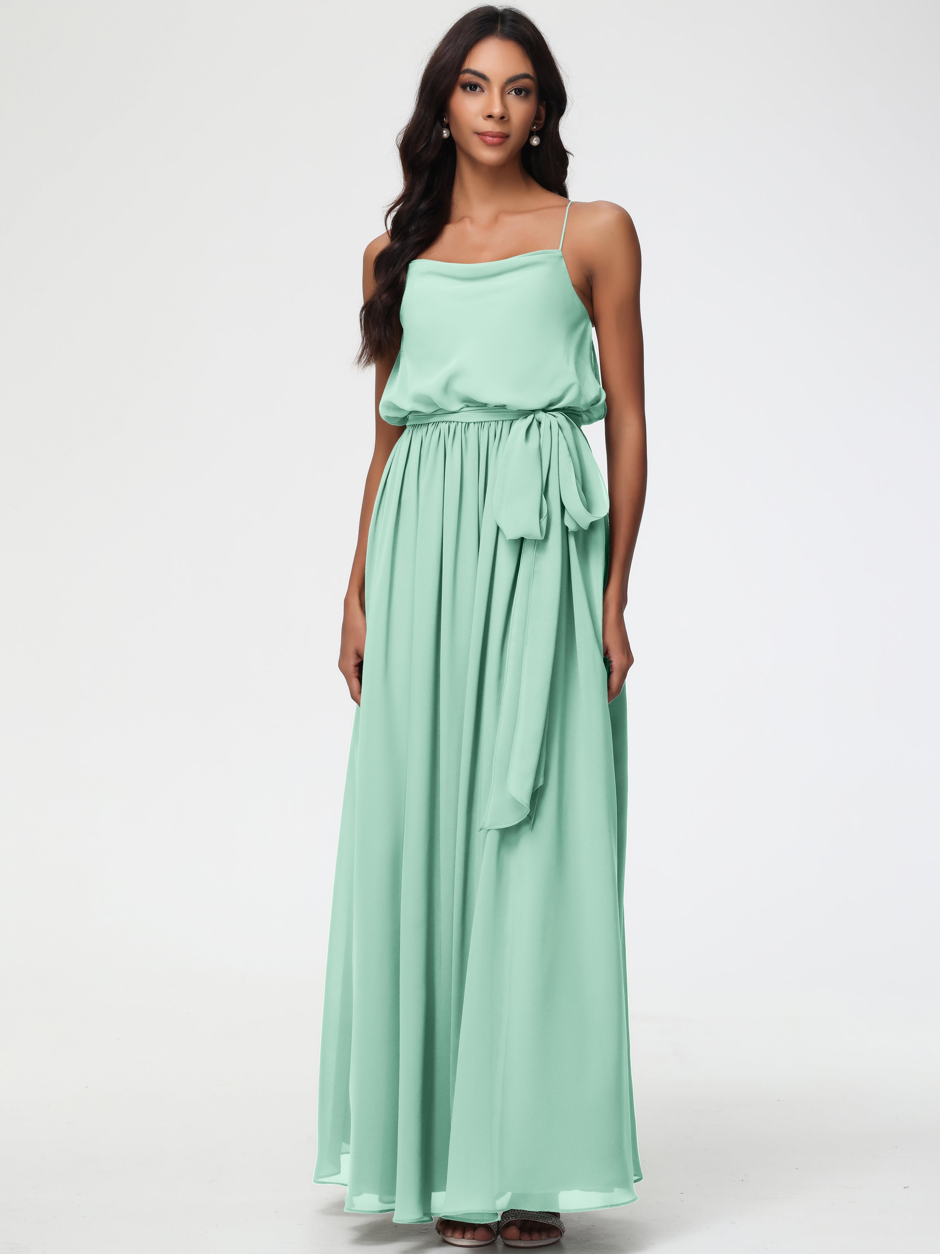 Robe Demoiselle D Honneur Menthe Bretelles Spaghetti Col Bénitier Trapèze Mousseline Robe Demoiselle D'Honneur