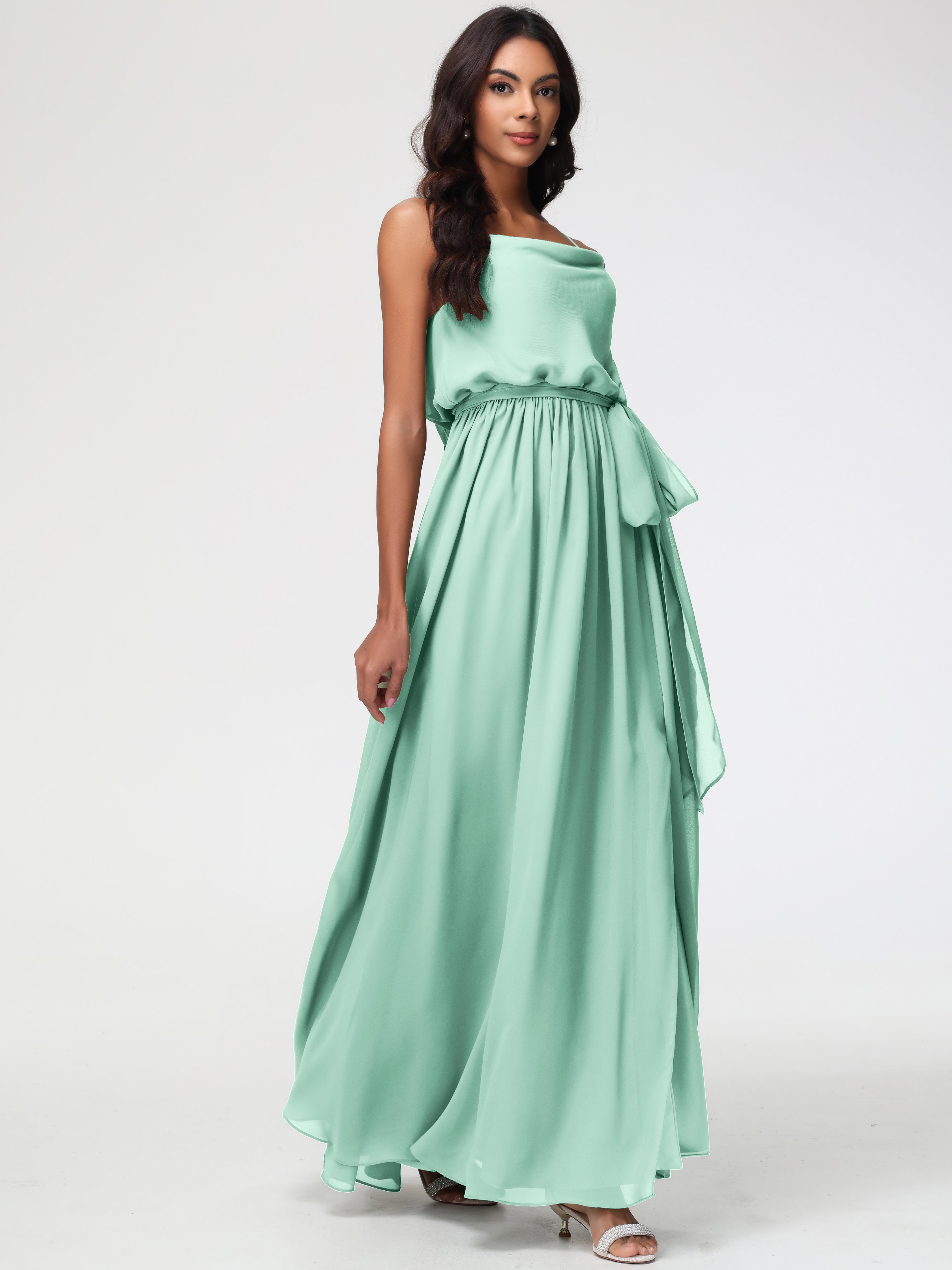 Robe Demoiselle D Honneur Menthe Bretelles Spaghetti Col Bénitier Trapèze Mousseline Robe Demoiselle D'Honneur