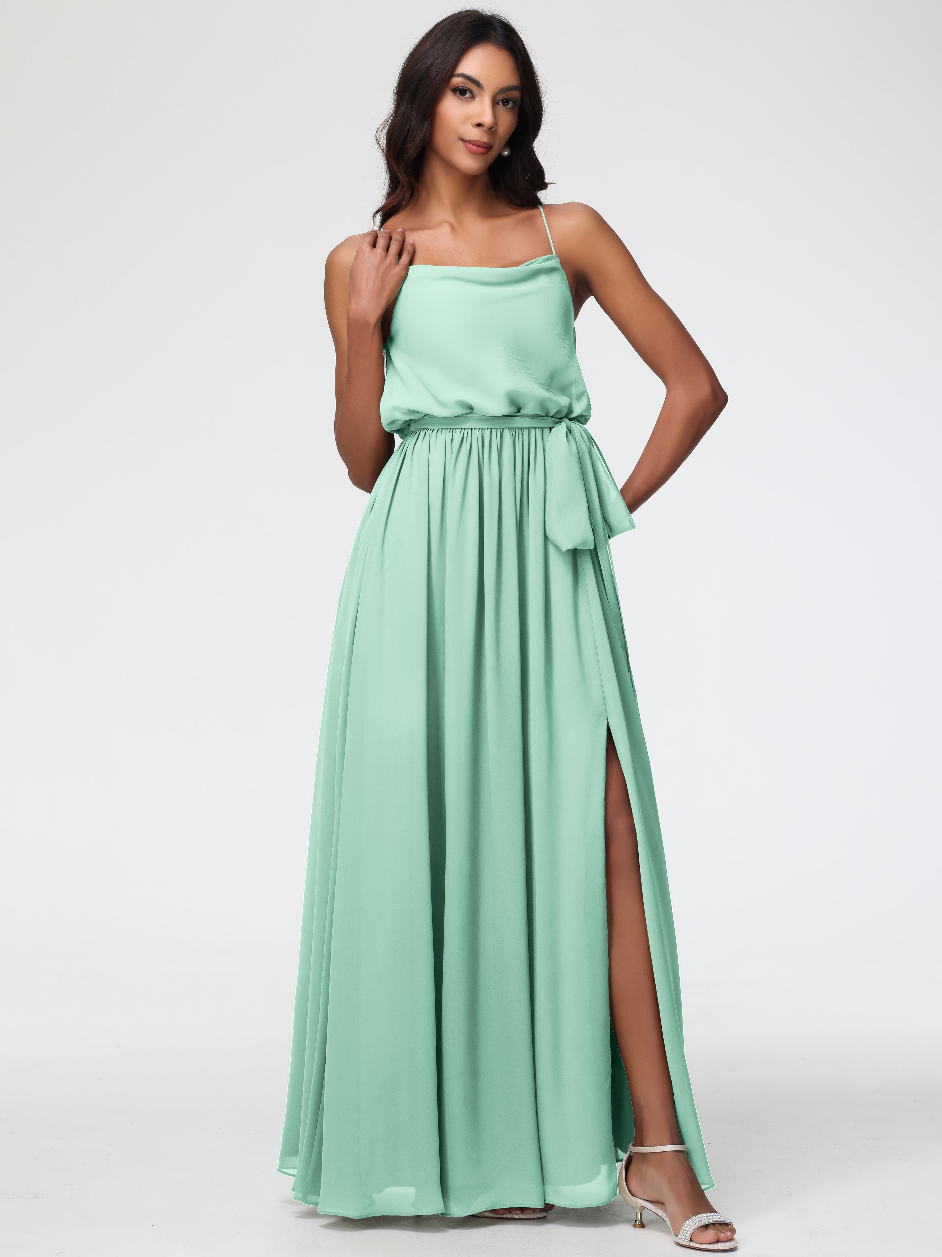 Robe Demoiselle D Honneur Menthe Bretelles Spaghetti Col Bénitier Trapèze Mousseline Robe Demoiselle D'Honneur