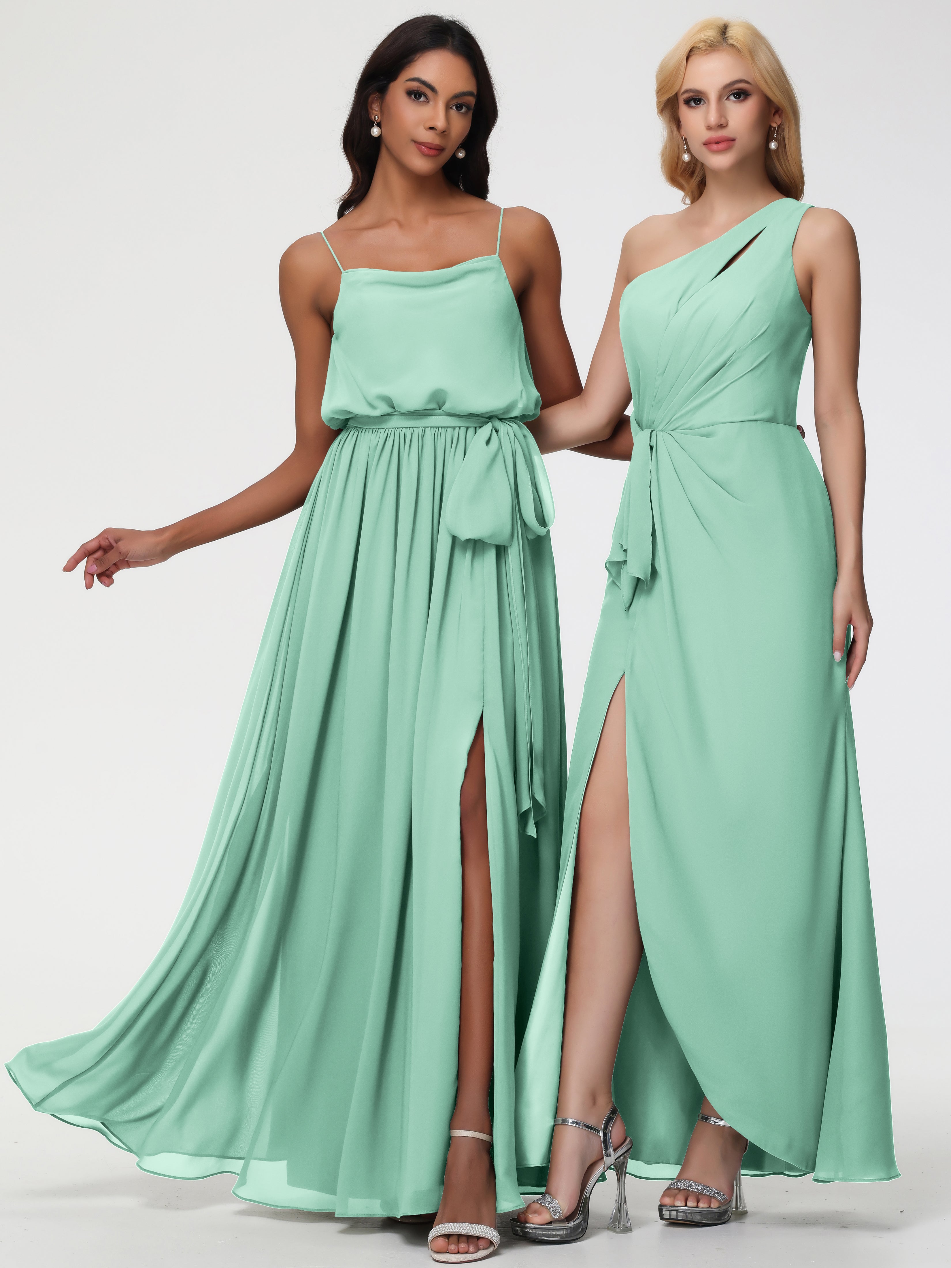 Robe Demoiselle D Honneur Menthe Bretelles Spaghetti Col Bénitier Trapèze Mousseline Robe Demoiselle D'Honneur