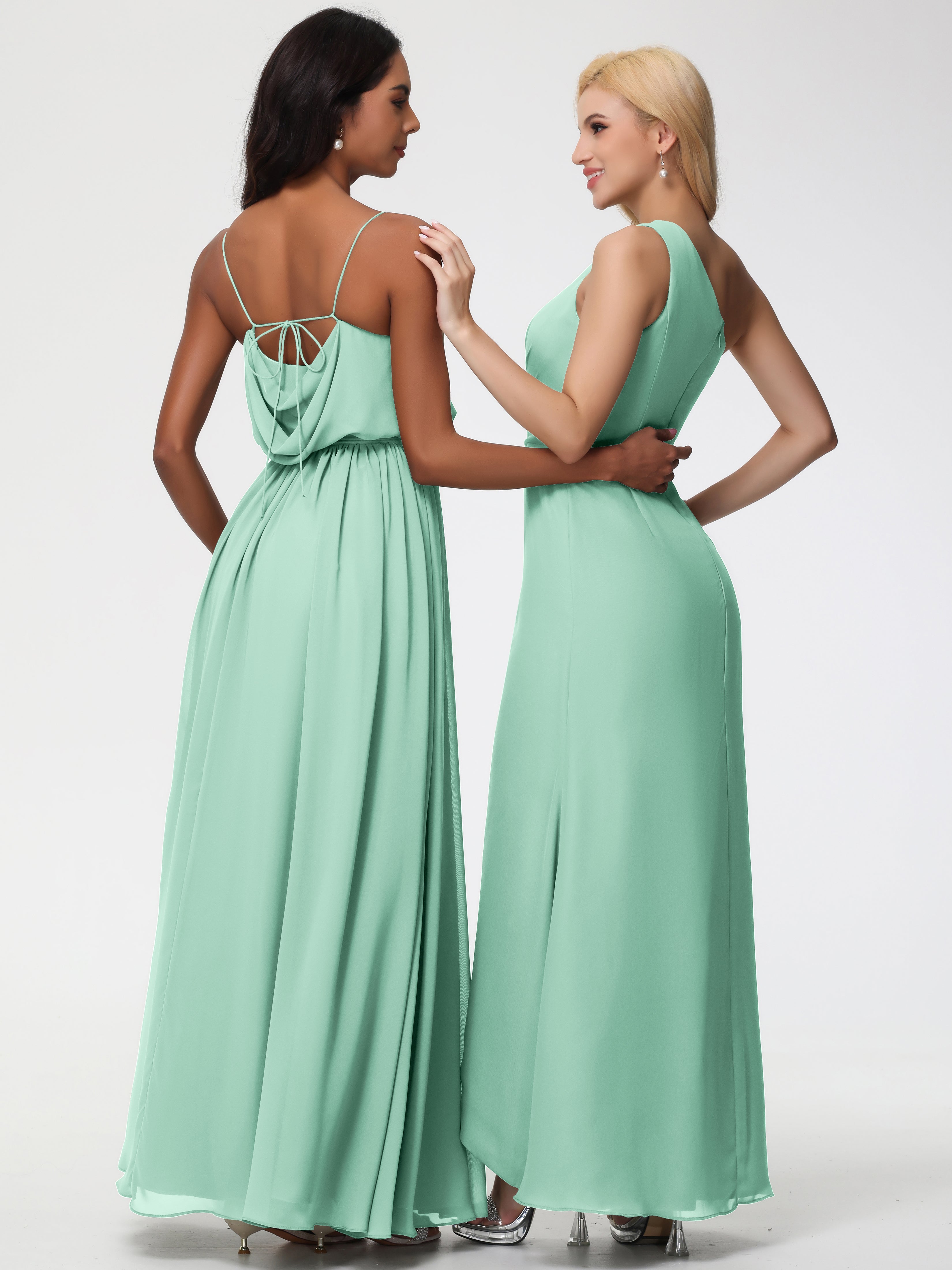 Robe Demoiselle D Honneur Menthe Bretelles Spaghetti Col Bénitier Trapèze Mousseline Robe Demoiselle D'Honneur