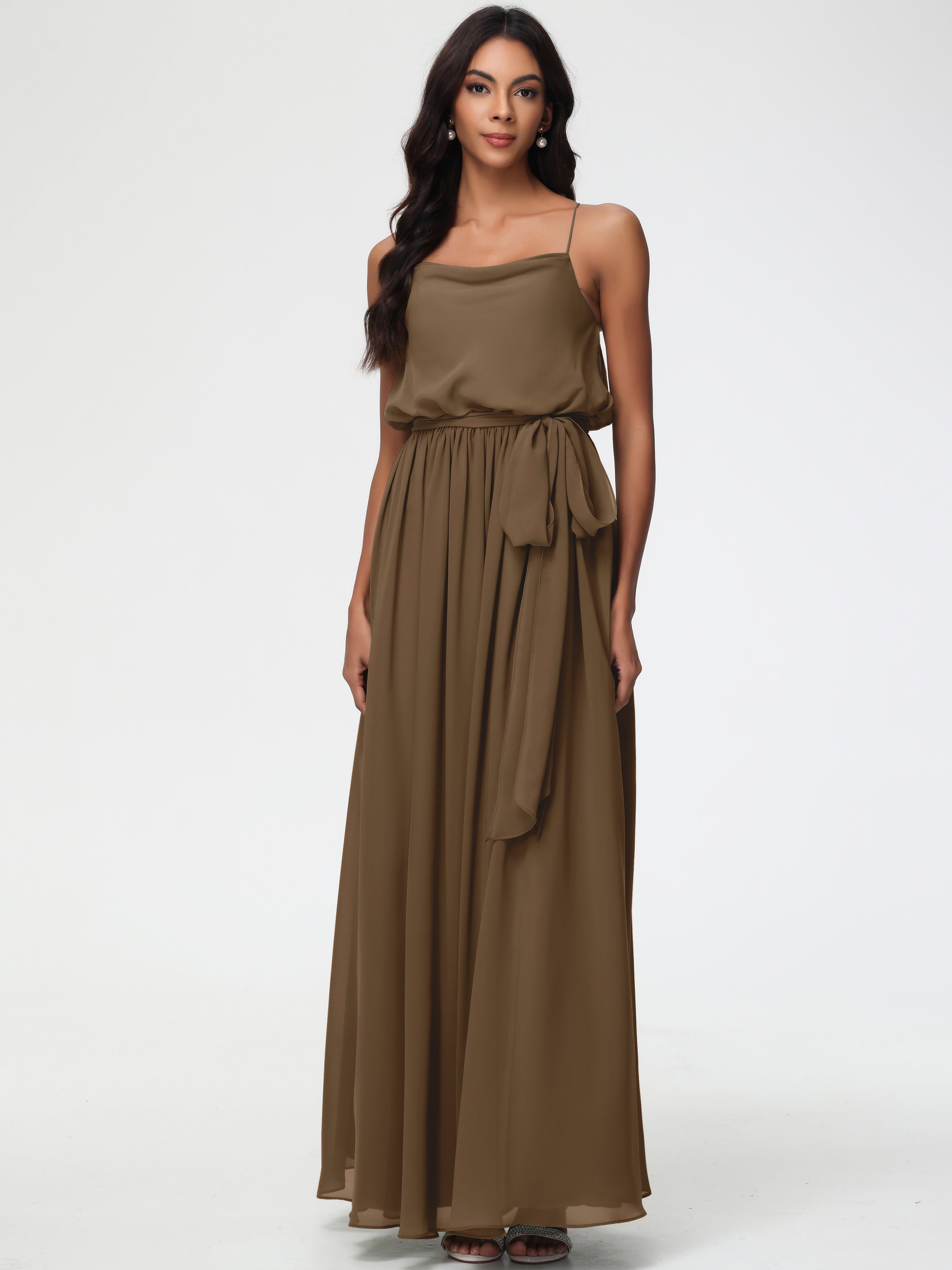 Robe De Demoiselle D'Honneur Moka Bretelles Spaghetti Col Bénitier Trapèze Mousseline Robe Demoiselle D'Honneur