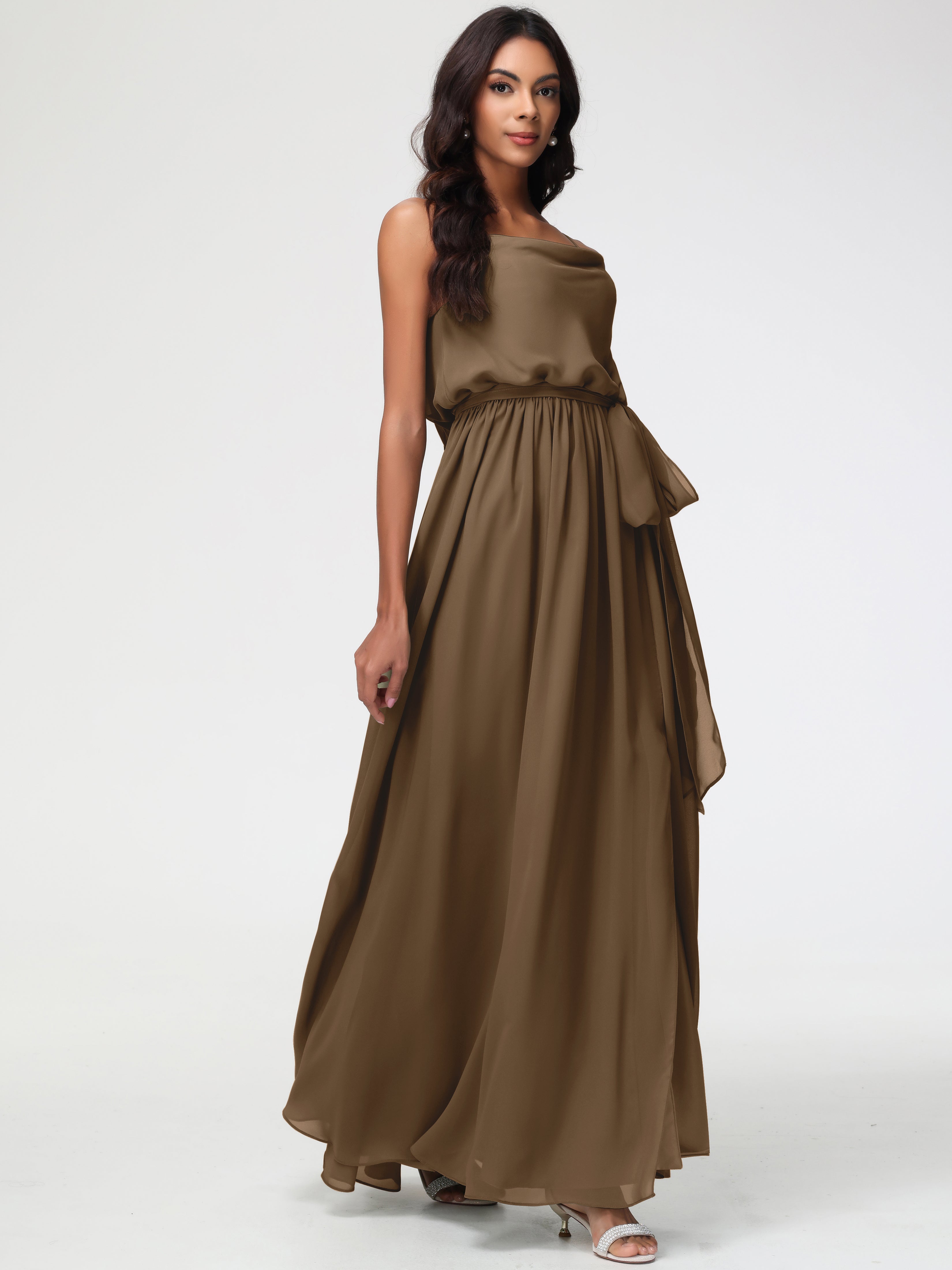 Robe De Demoiselle D'Honneur Moka Bretelles Spaghetti Col Bénitier Trapèze Mousseline Robe Demoiselle D'Honneur