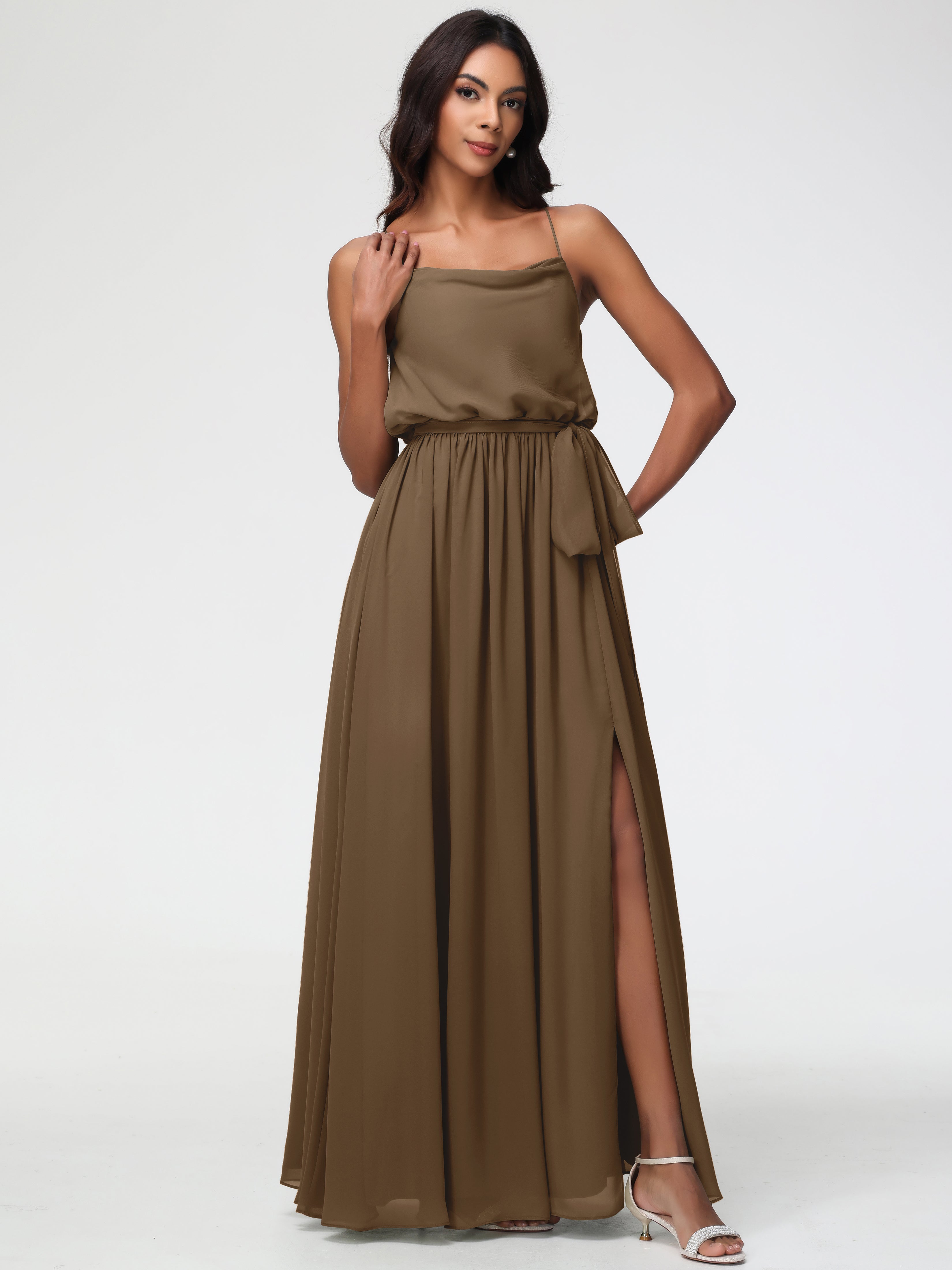 Robe De Demoiselle D'Honneur Moka Bretelles Spaghetti Col Bénitier Trapèze Mousseline Robe Demoiselle D'Honneur