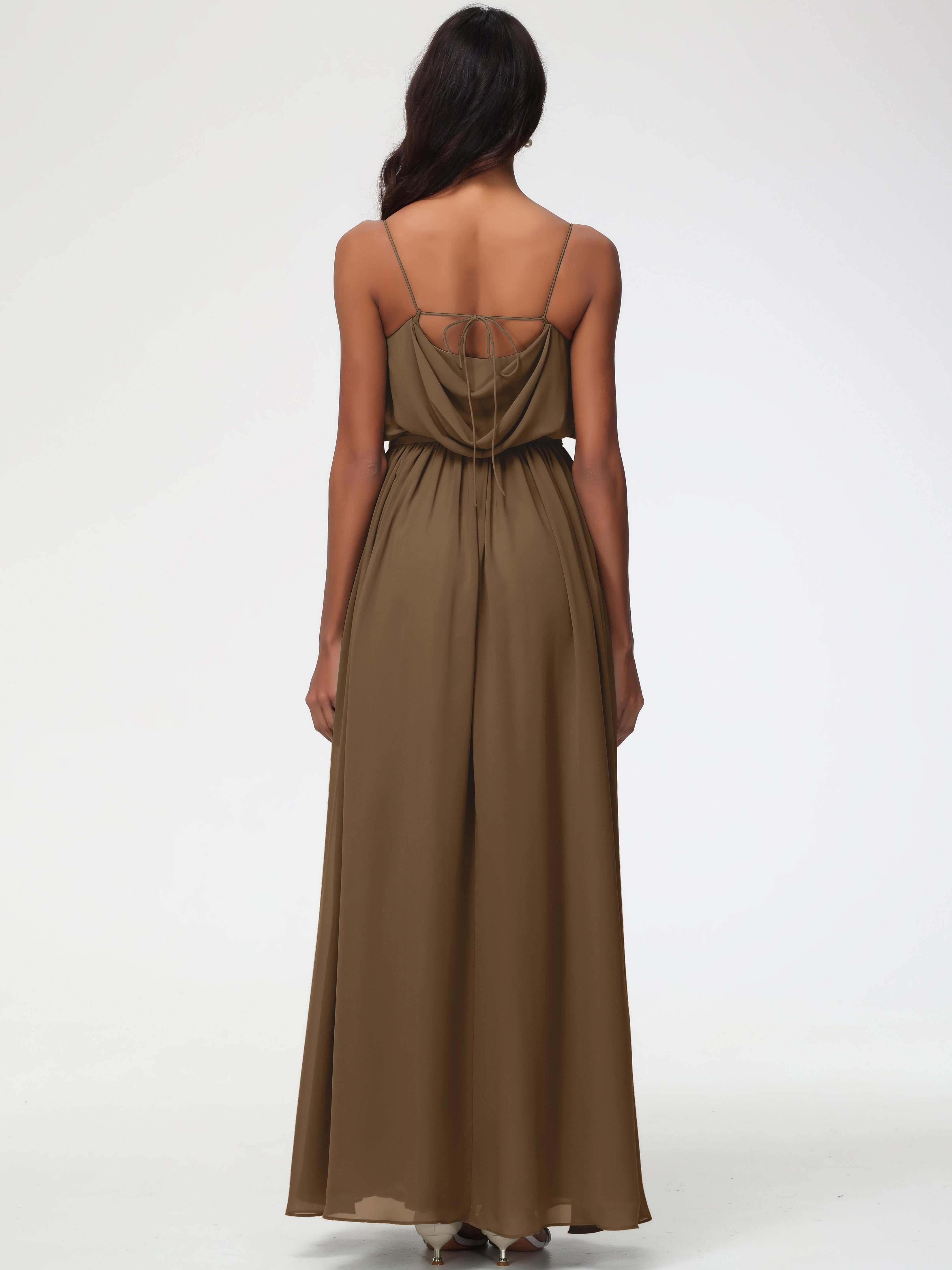 Robe De Demoiselle D'Honneur Moka Bretelles Spaghetti Col Bénitier Trapèze Mousseline Robe Demoiselle D'Honneur