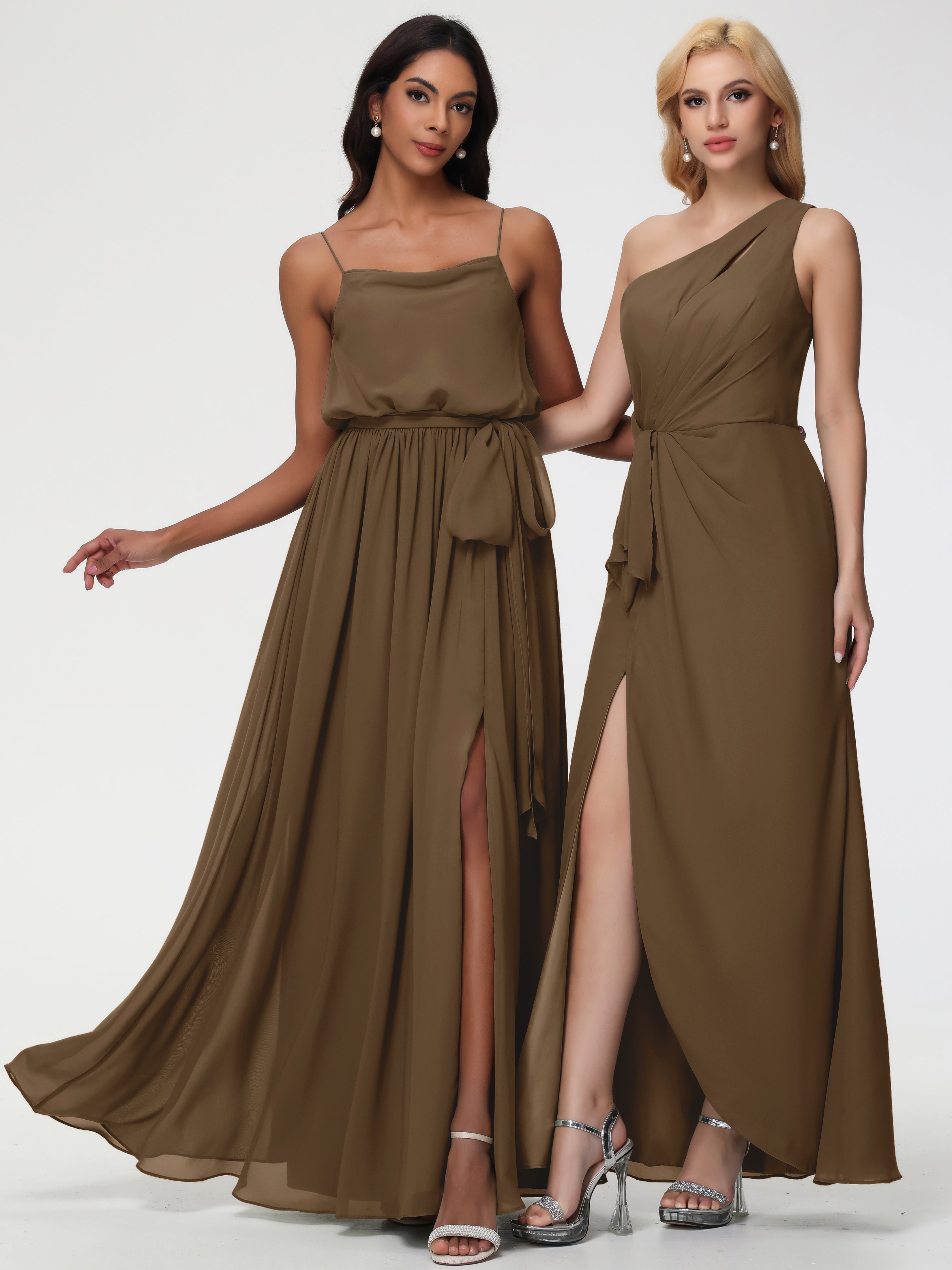 Robe De Demoiselle D'Honneur Moka Bretelles Spaghetti Col Bénitier Trapèze Mousseline Robe Demoiselle D'Honneur
