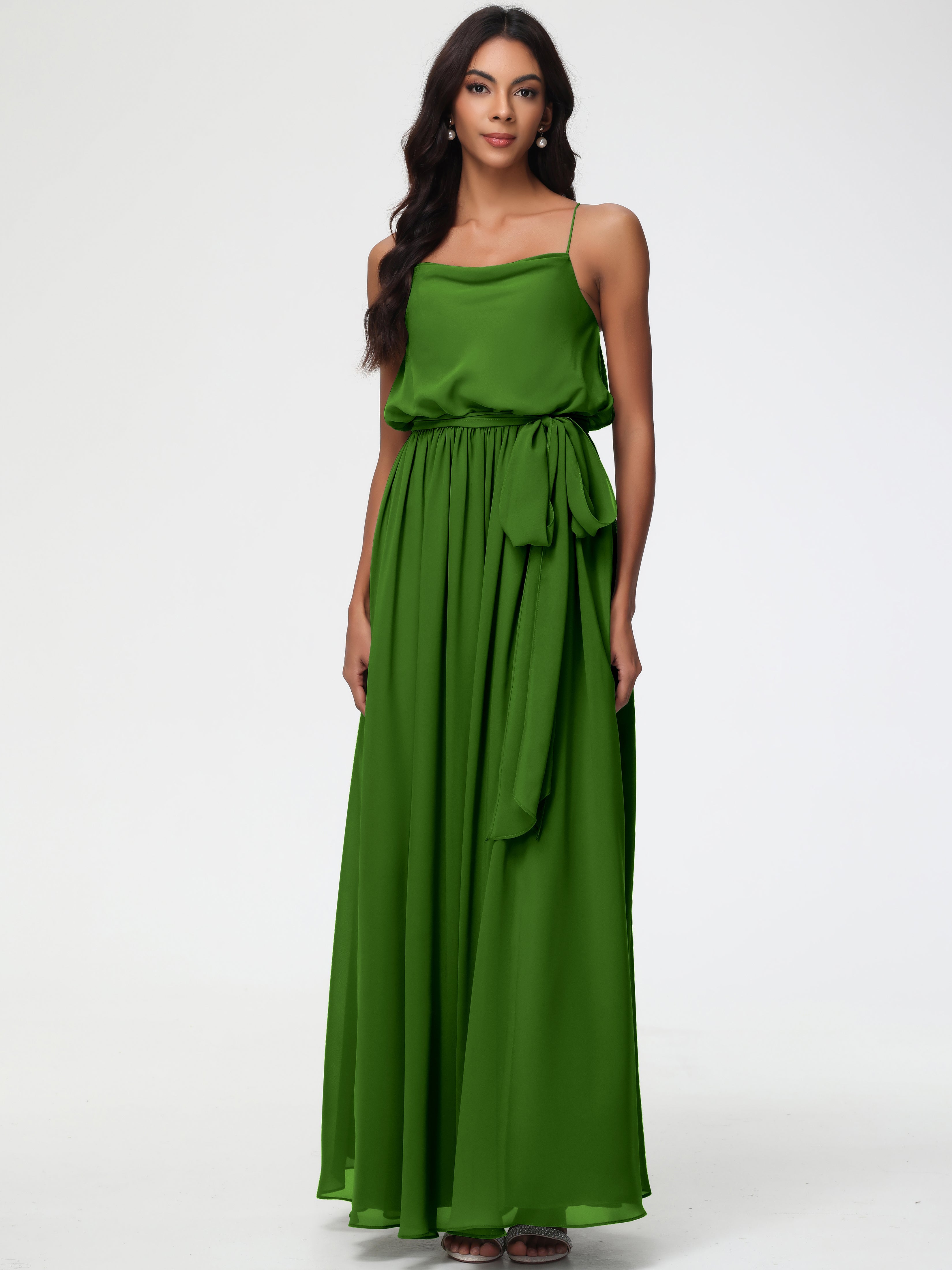 Robes De Demoiselle D'Honneur Vert Mousse Bretelles Spaghetti Col Bénitier Trapèze Mousseline Robe Demoiselle D'Honneur