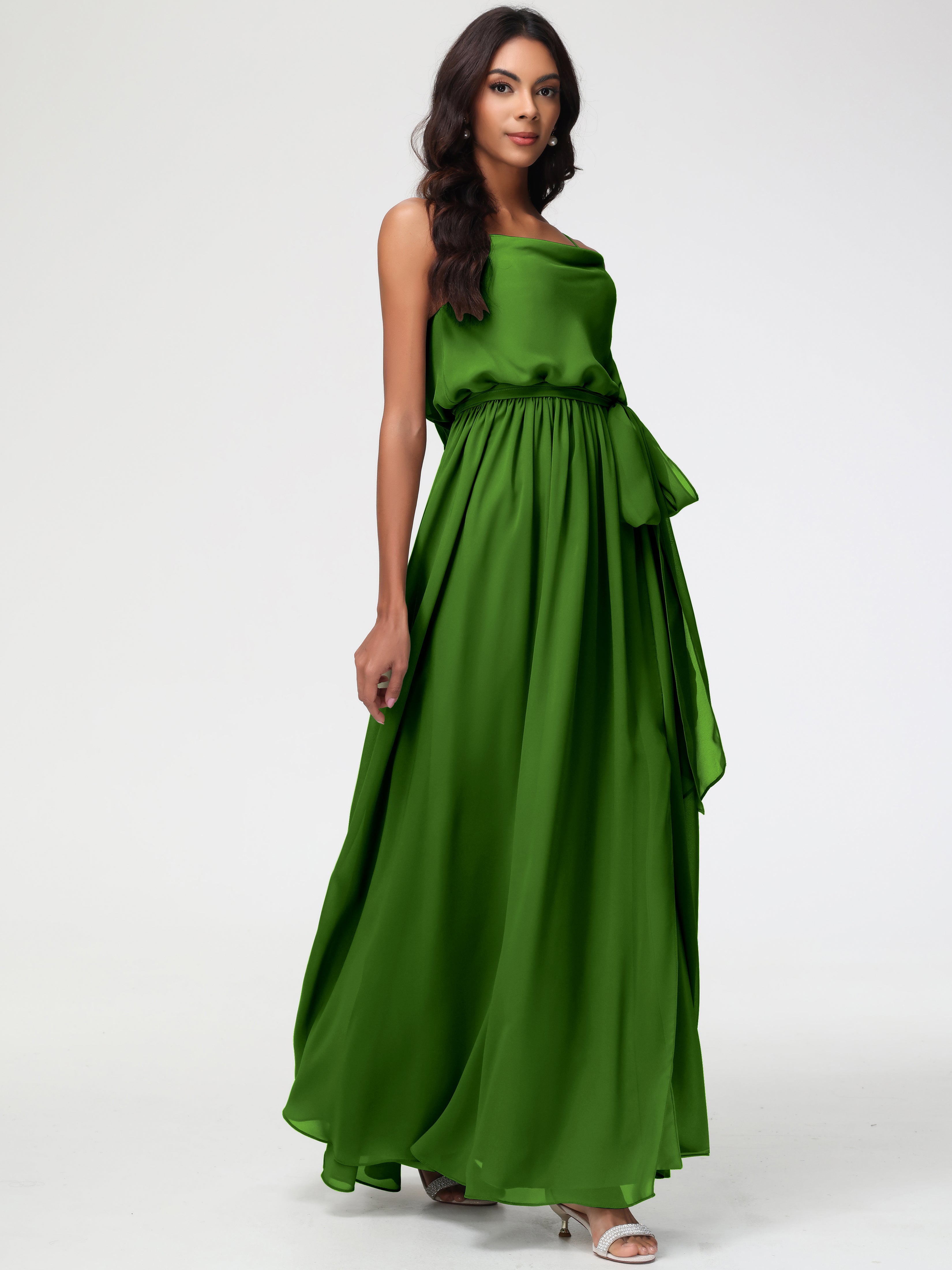 Robes De Demoiselle D'Honneur Vert Mousse Bretelles Spaghetti Col Bénitier Trapèze Mousseline Robe Demoiselle D'Honneur