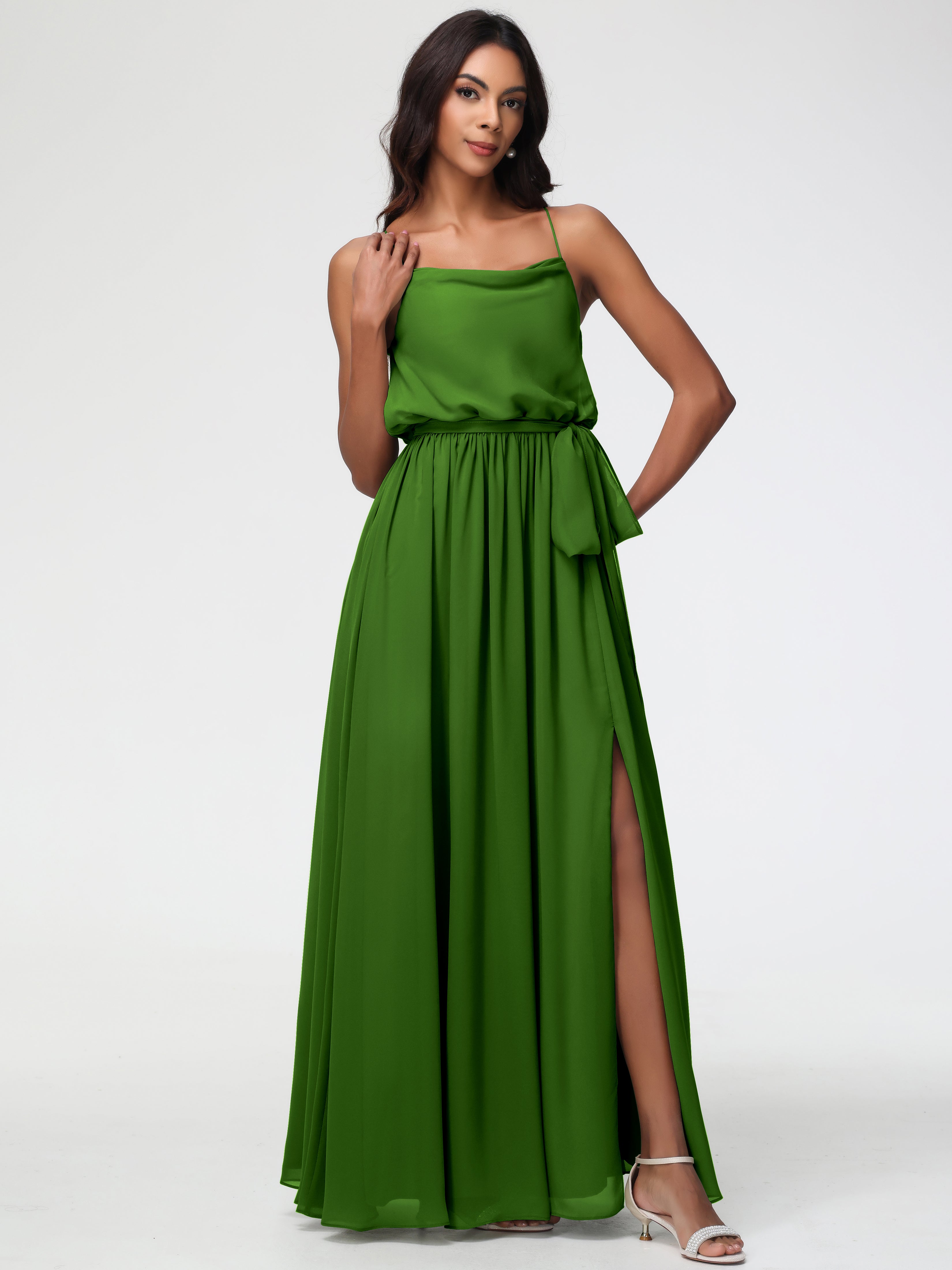 Robes De Demoiselle D'Honneur Vert Mousse Bretelles Spaghetti Col Bénitier Trapèze Mousseline Robe Demoiselle D'Honneur