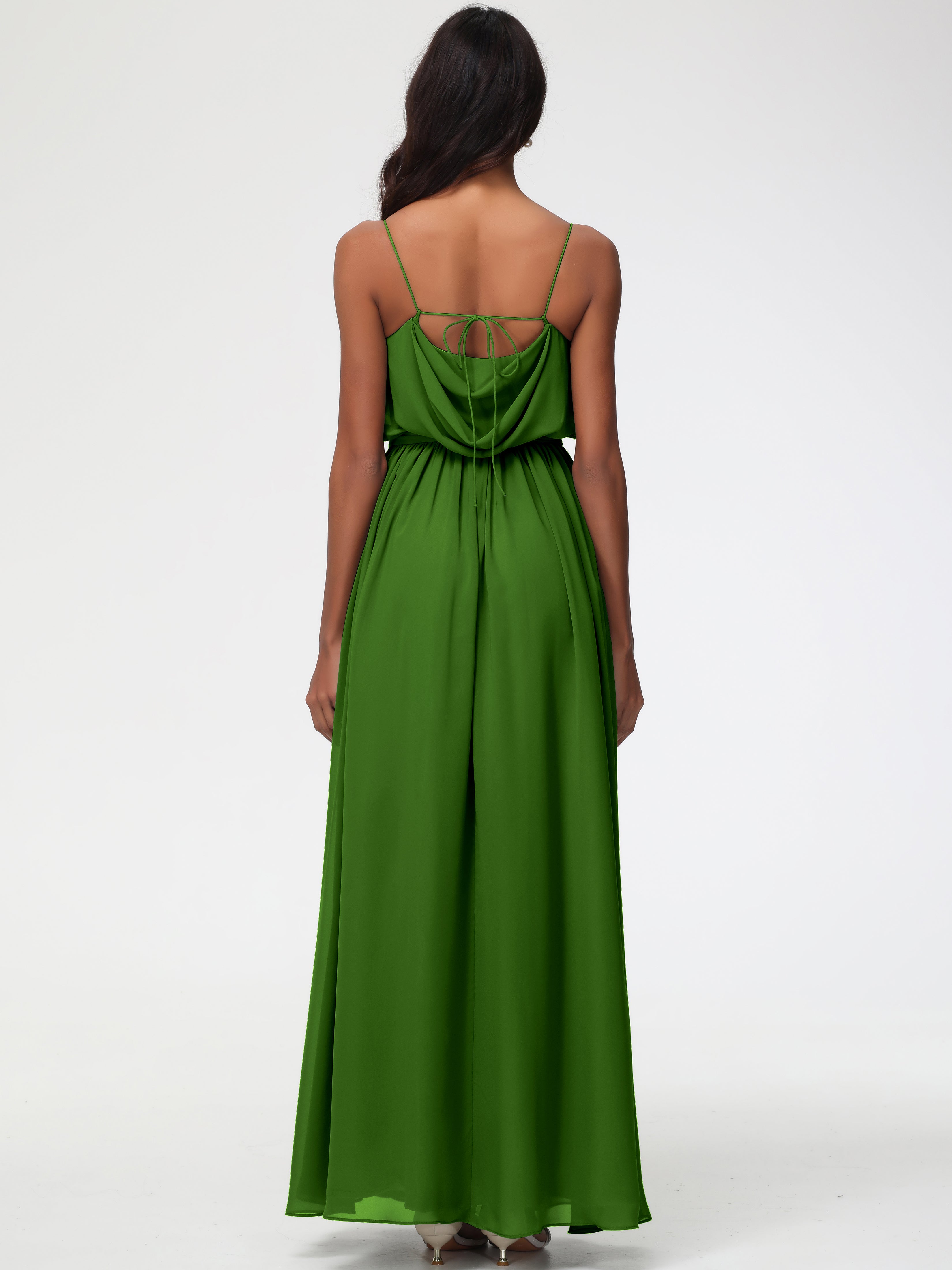 Robes De Demoiselle D'Honneur Vert Mousse Bretelles Spaghetti Col Bénitier Trapèze Mousseline Robe Demoiselle D'Honneur