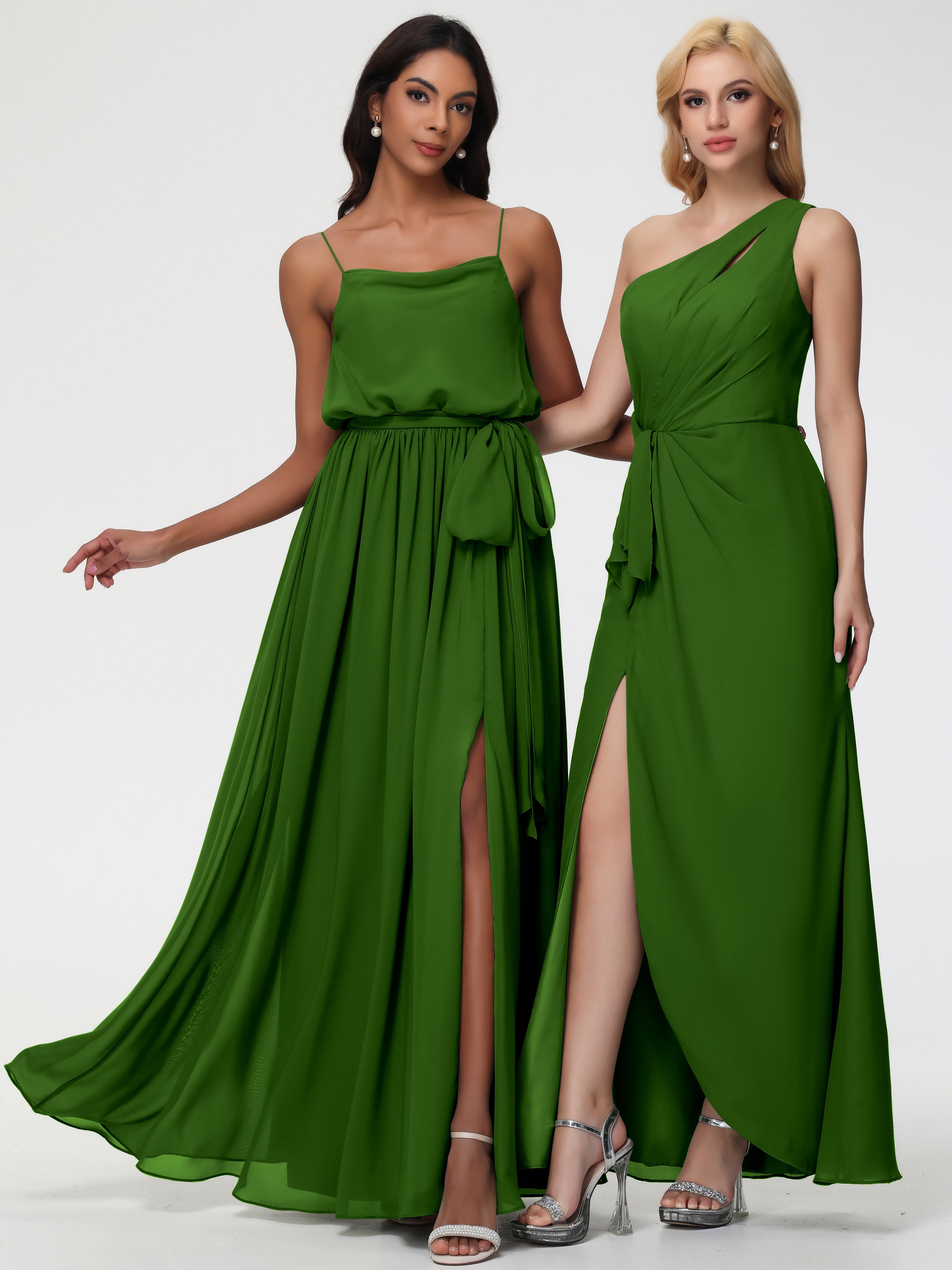 Robes De Demoiselle D'Honneur Vert Mousse Bretelles Spaghetti Col Bénitier Trapèze Mousseline Robe Demoiselle D'Honneur