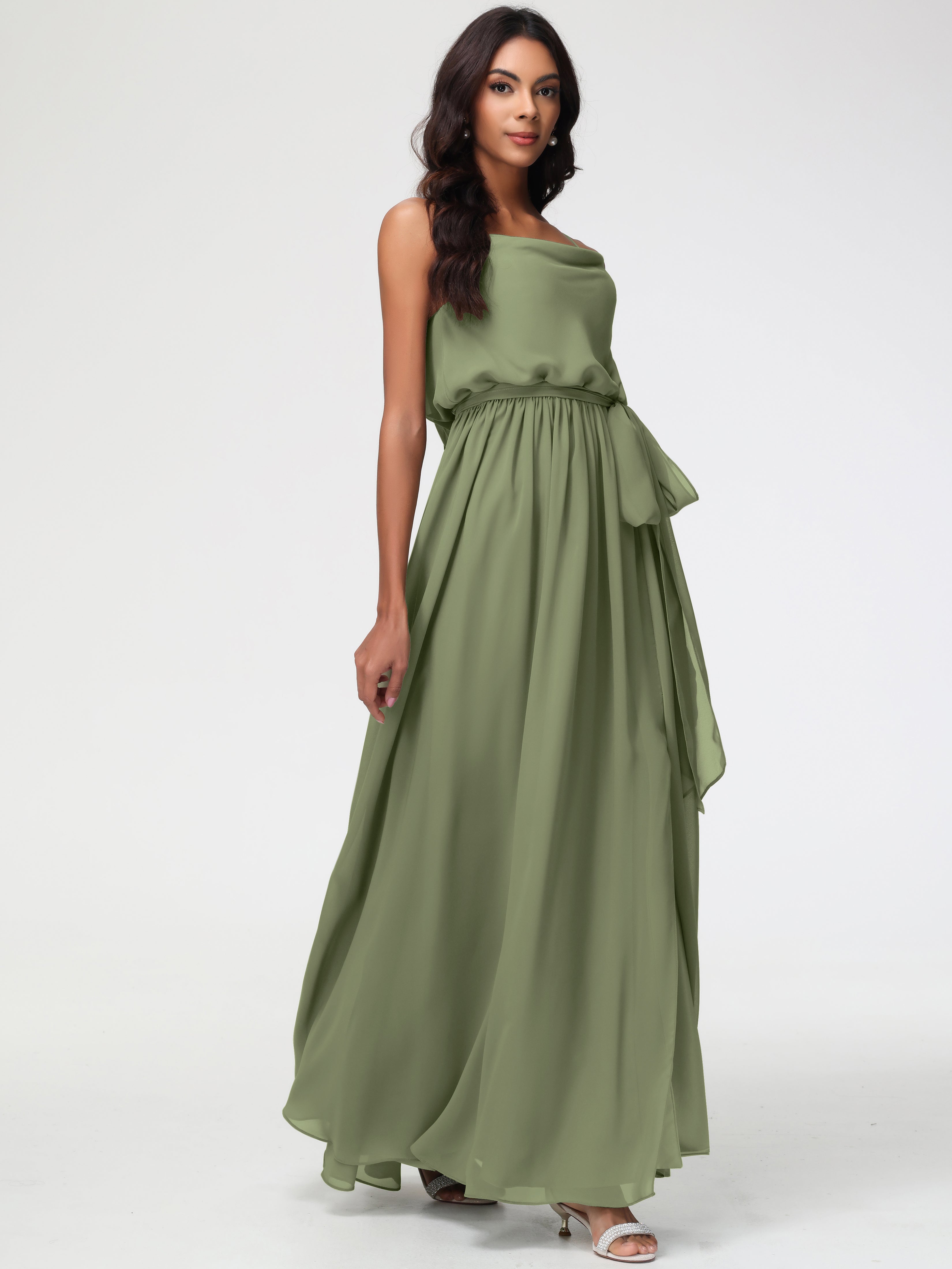 Robe Demoiselle D Honneur Olive Bretelles Spaghetti Col Bénitier Trapèze Mousseline Robe Demoiselle D'Honneur