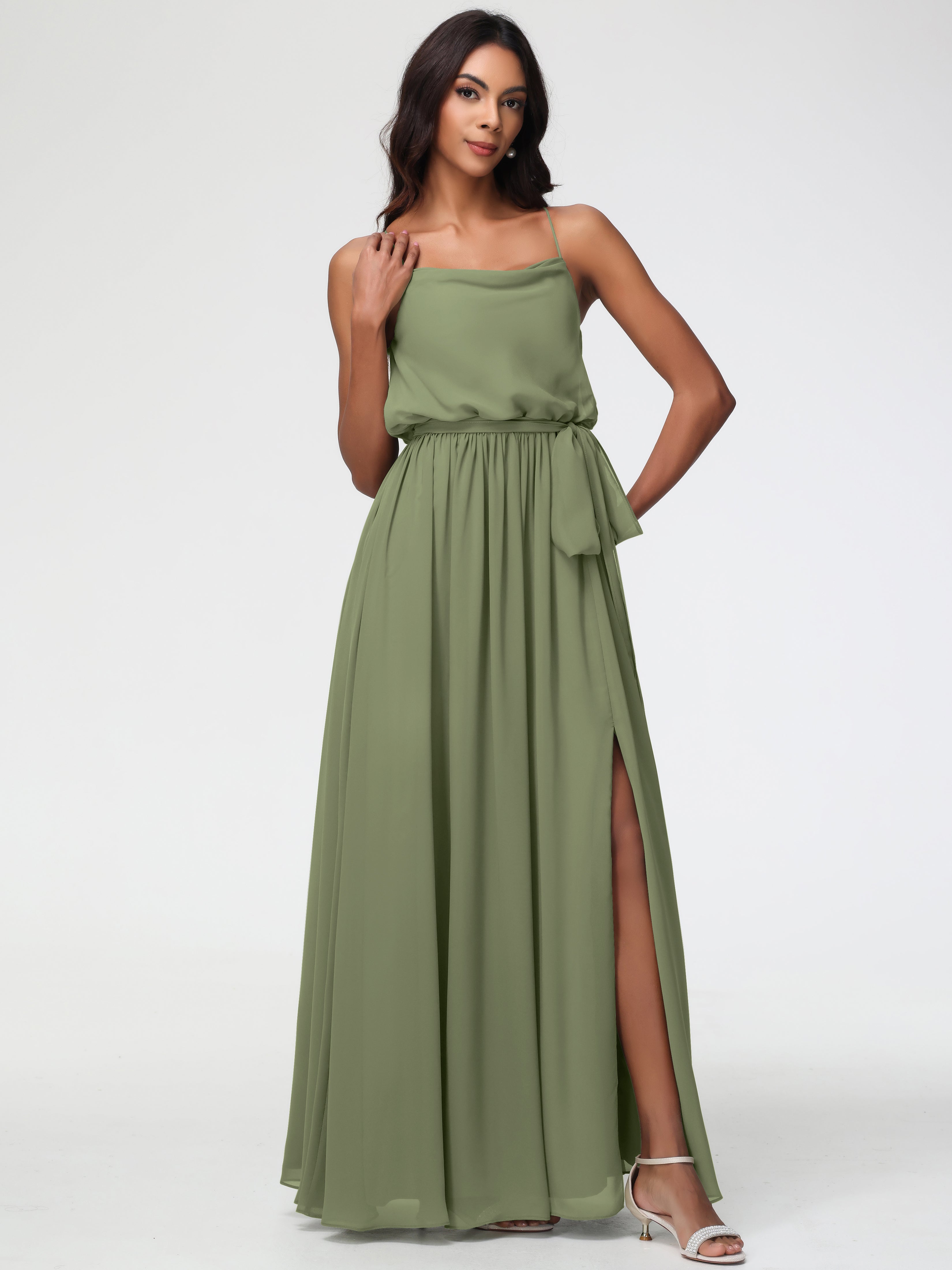 Robe Demoiselle D Honneur Olive Bretelles Spaghetti Col Bénitier Trapèze Mousseline Robe Demoiselle D'Honneur