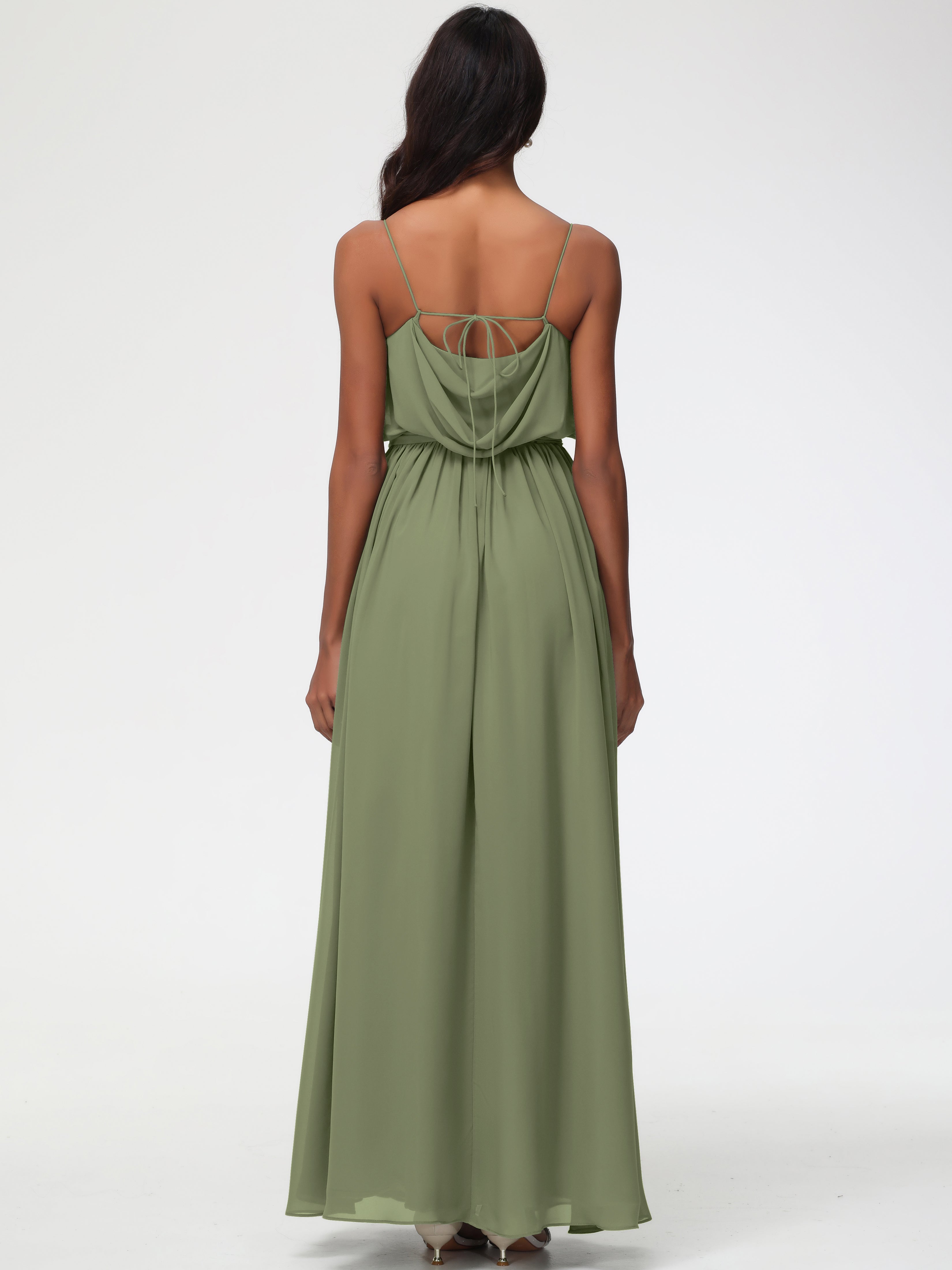 Robe Demoiselle D Honneur Olive Bretelles Spaghetti Col Bénitier Trapèze Mousseline Robe Demoiselle D'Honneur