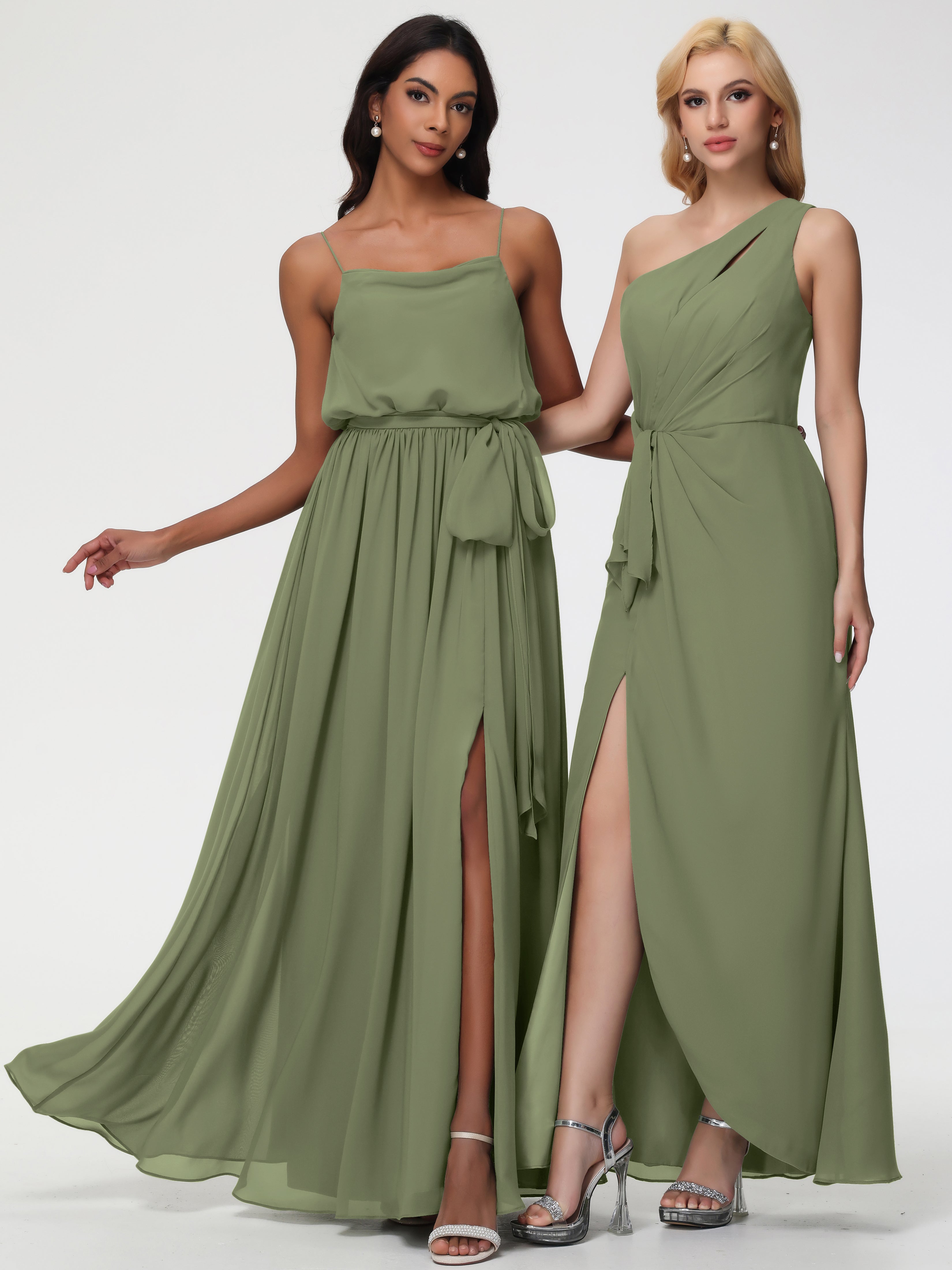 Robe Demoiselle D Honneur Olive Bretelles Spaghetti Col Bénitier Trapèze Mousseline Robe Demoiselle D'Honneur