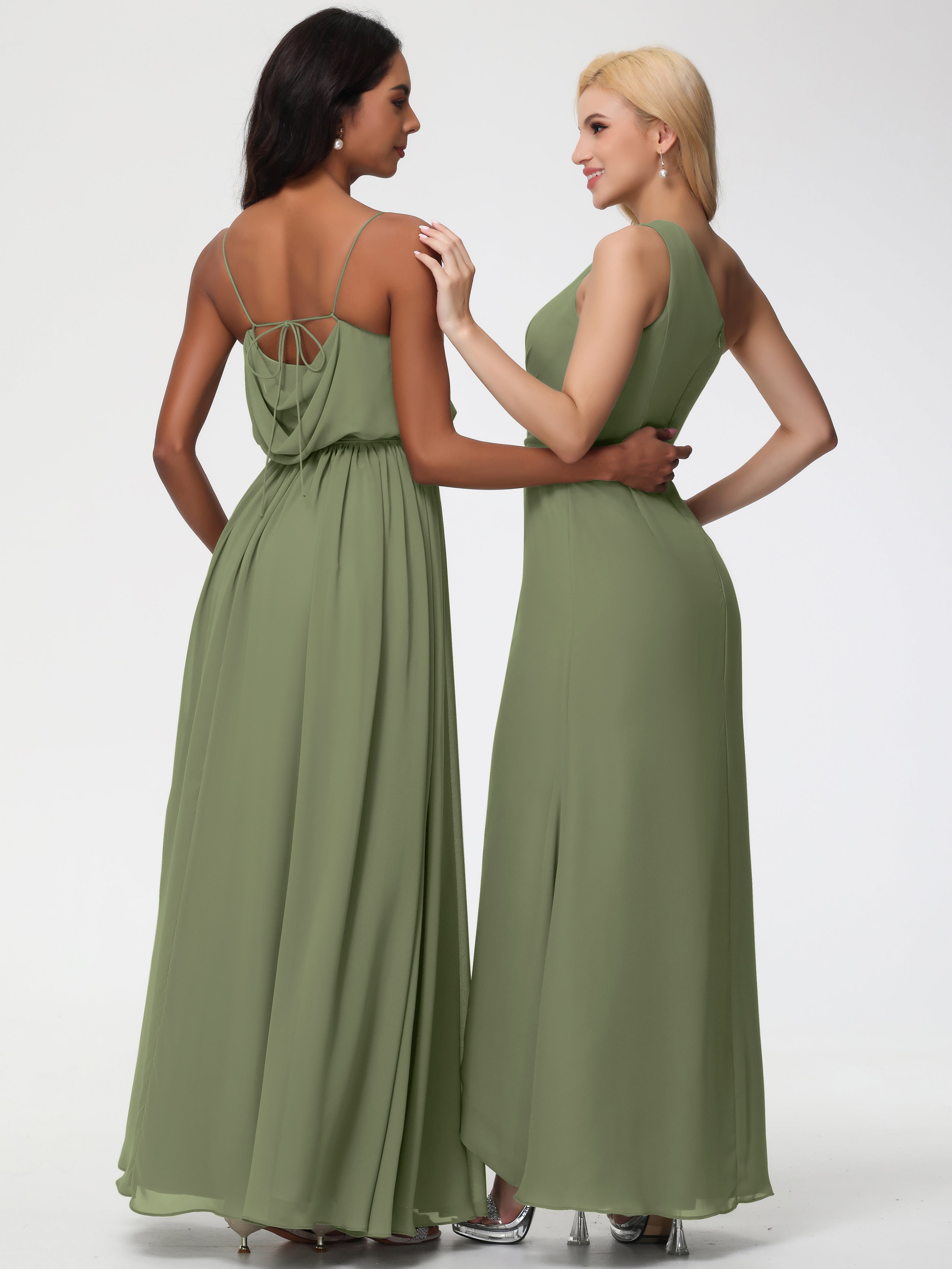 Robe Demoiselle D Honneur Olive Bretelles Spaghetti Col Bénitier Trapèze Mousseline Robe Demoiselle D'Honneur