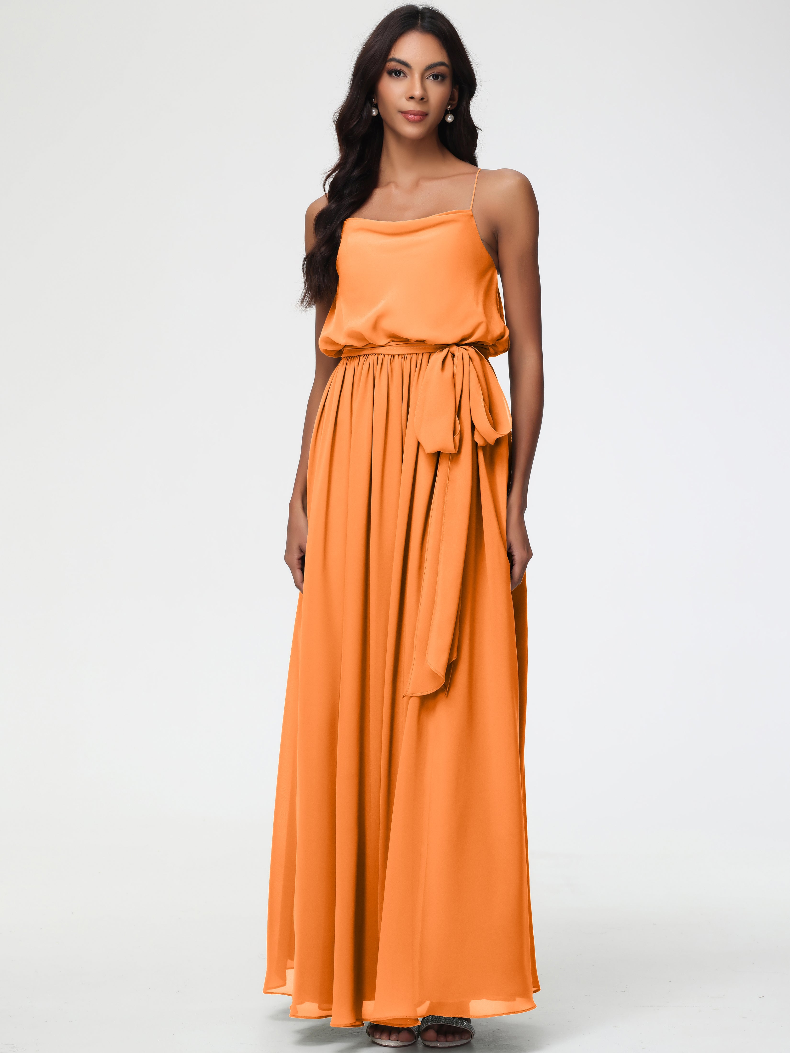 Robe Orange Demoiselle D Honneur Bretelles Spaghetti Col Bénitier Trapèze Mousseline Robe Demoiselle D'Honneur