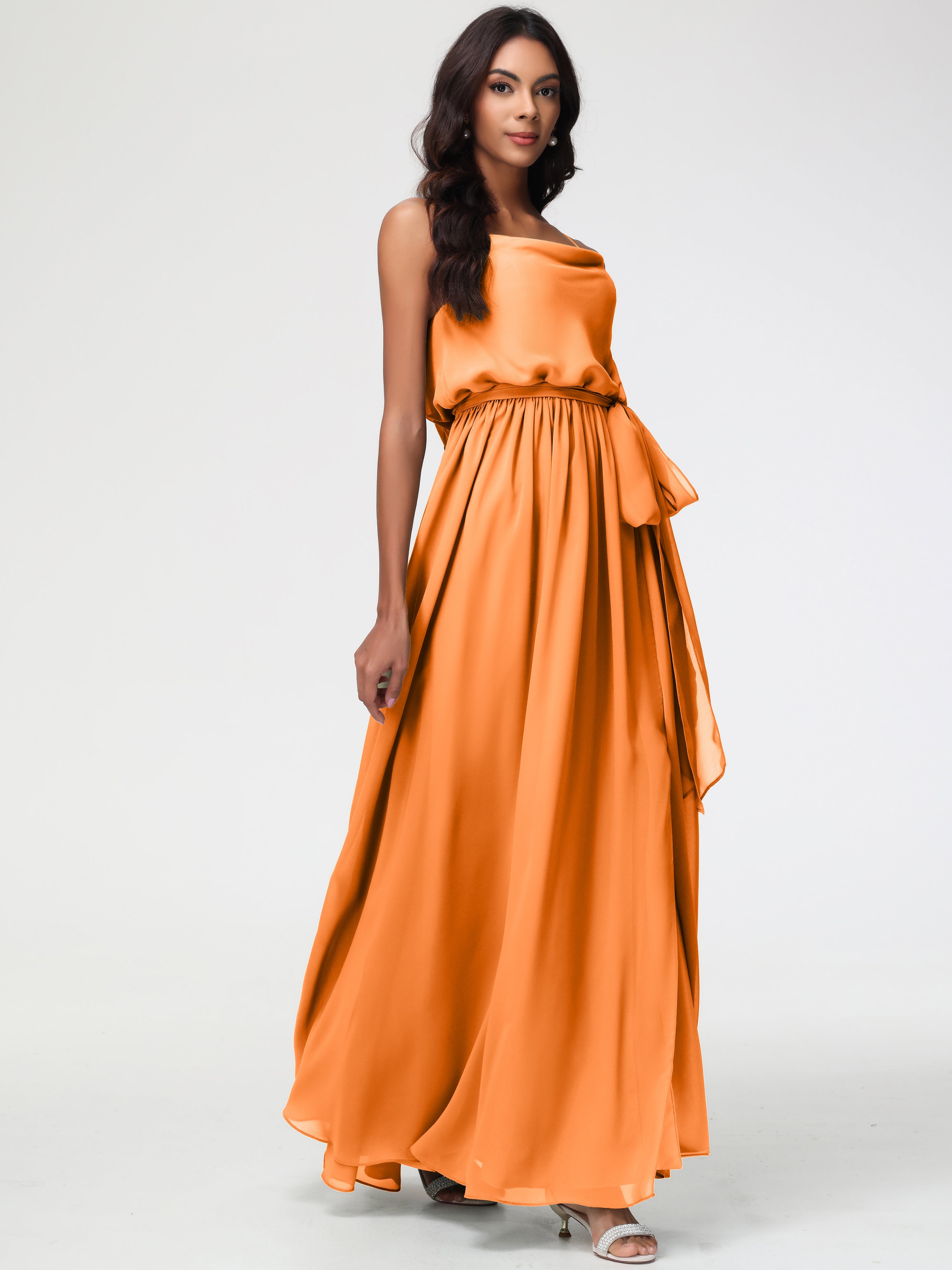 Robe Orange Demoiselle D Honneur Bretelles Spaghetti Col Bénitier Trapèze Mousseline Robe Demoiselle D'Honneur