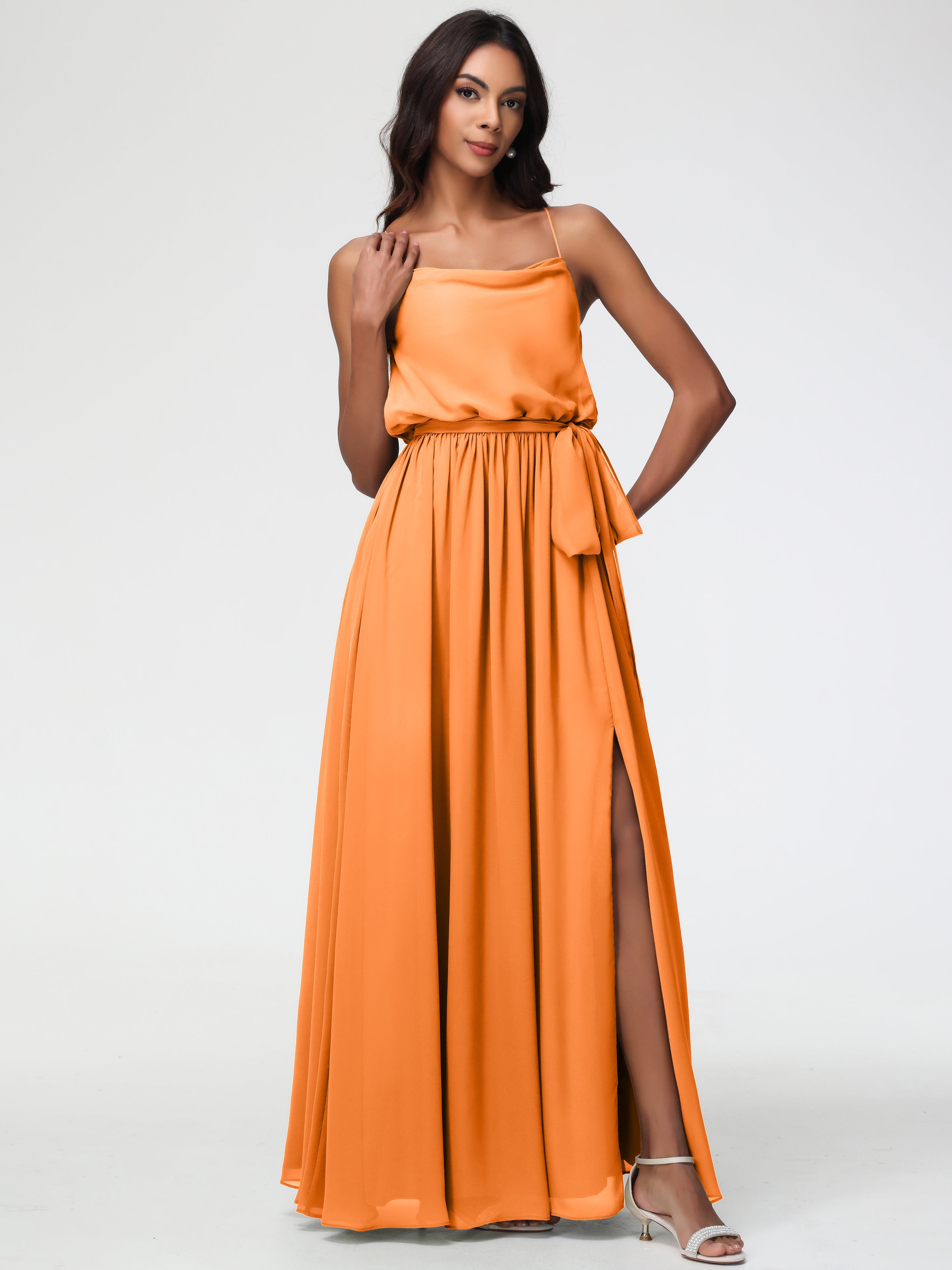 Robe Orange Demoiselle D Honneur Bretelles Spaghetti Col Bénitier Trapèze Mousseline Robe Demoiselle D'Honneur