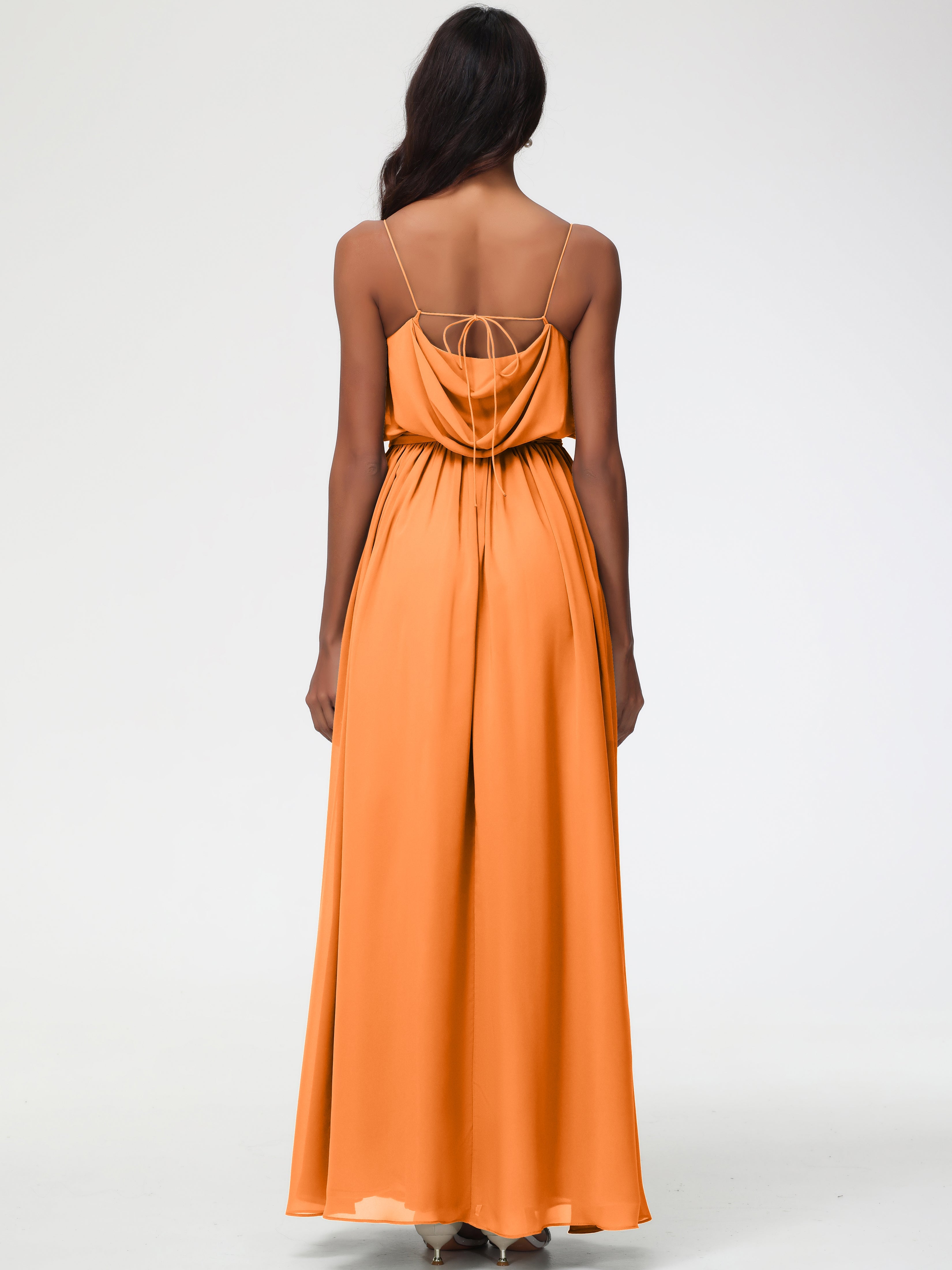 Robe Orange Demoiselle D Honneur Bretelles Spaghetti Col Bénitier Trapèze Mousseline Robe Demoiselle D'Honneur
