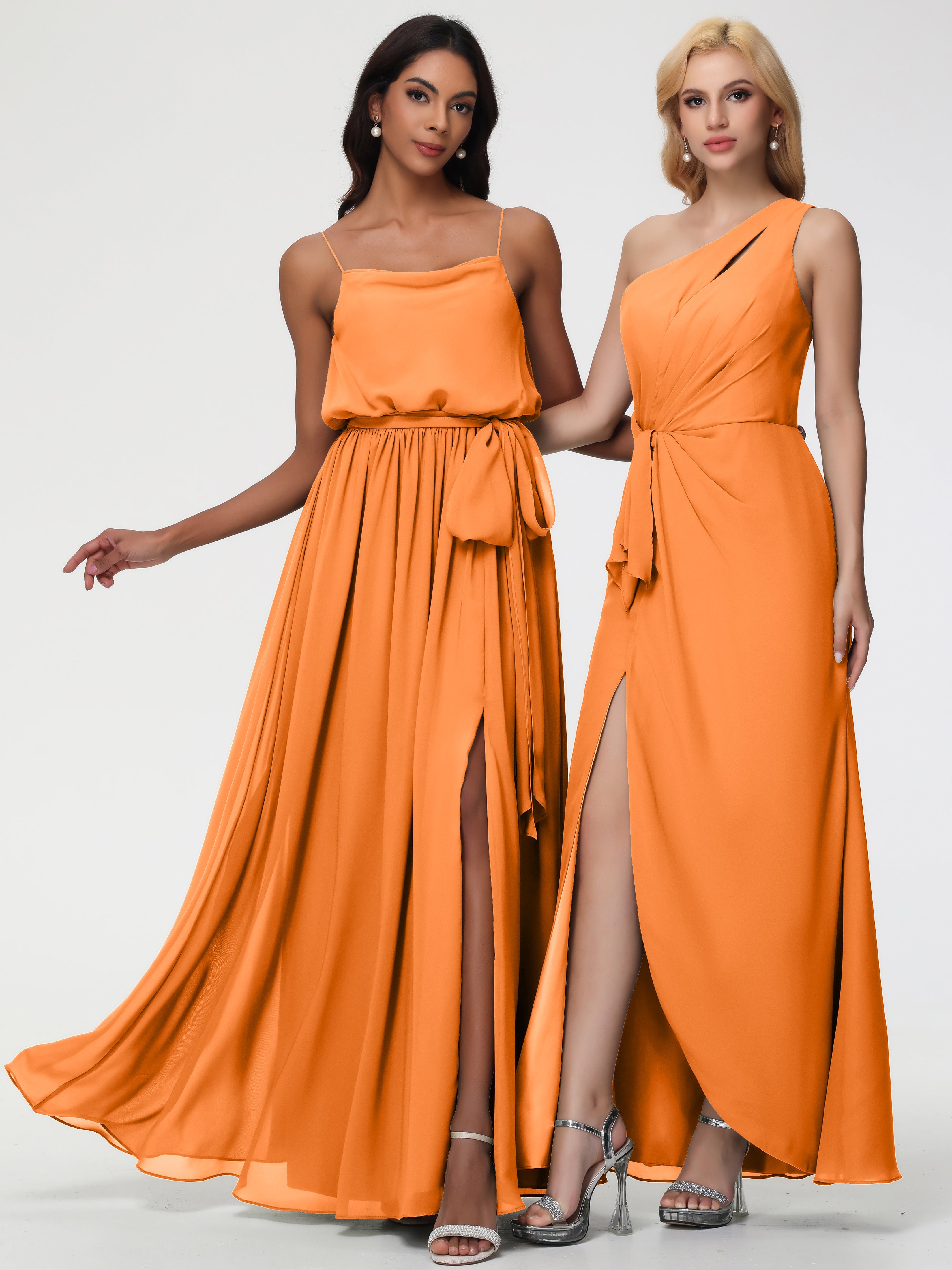Robe Orange Demoiselle D Honneur Bretelles Spaghetti Col Bénitier Trapèze Mousseline Robe Demoiselle D'Honneur