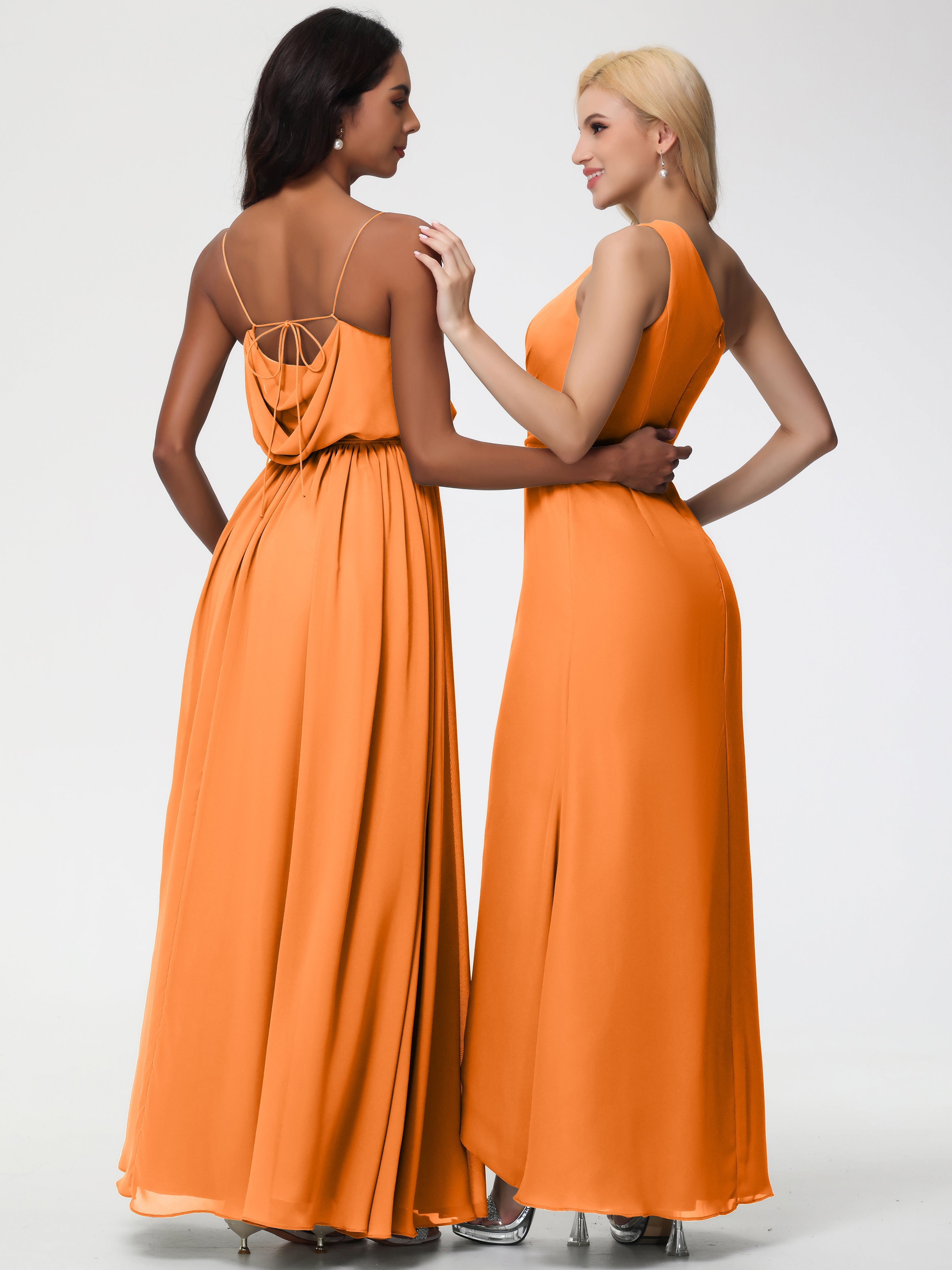 Robe Orange Demoiselle D Honneur Bretelles Spaghetti Col Bénitier Trapèze Mousseline Robe Demoiselle D'Honneur
