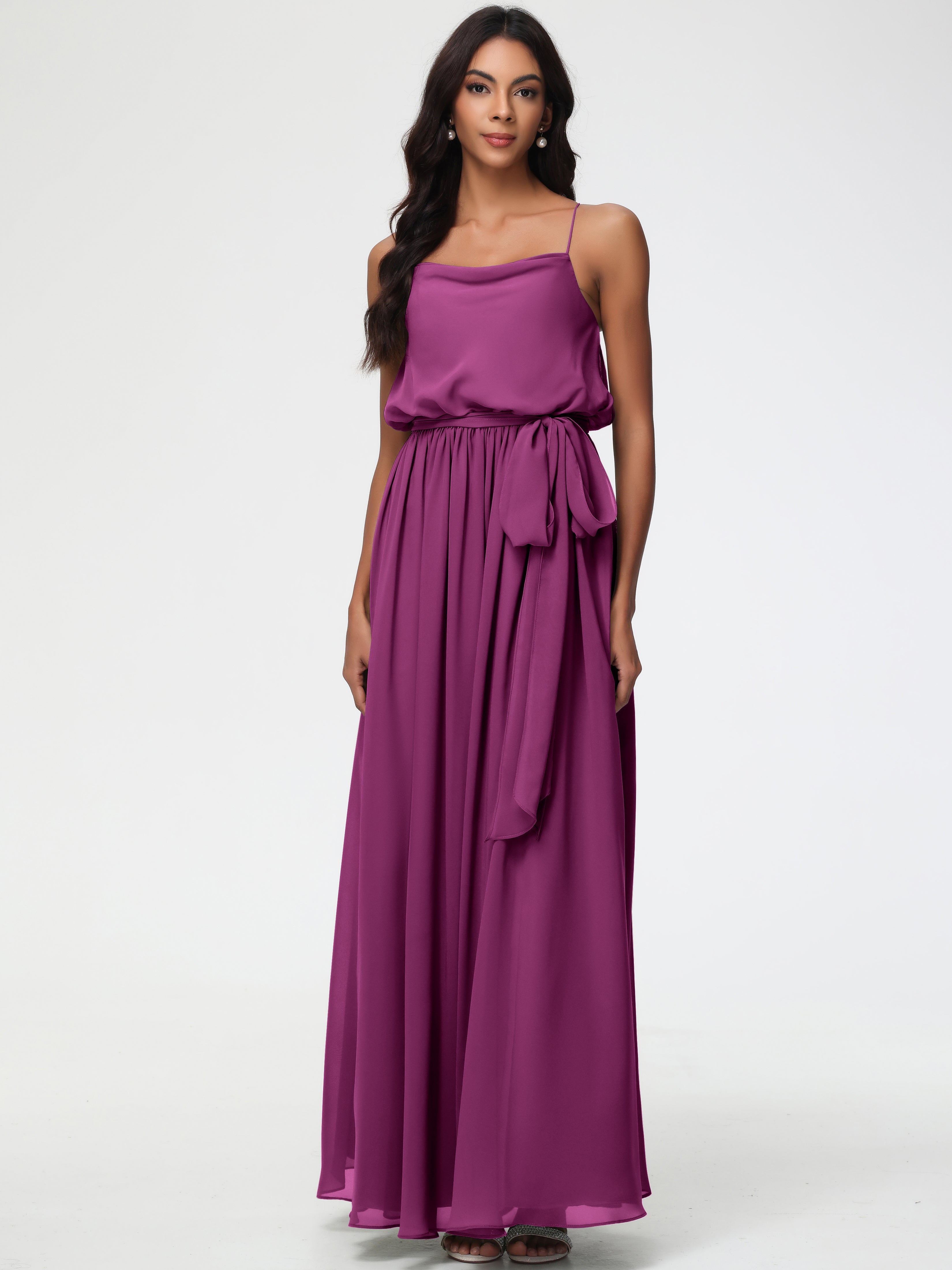 Robes De Demoiselle D'Honneur Orchidée Bretelles Spaghetti Col Bénitier Trapèze Mousseline Robe Demoiselle D'Honneur